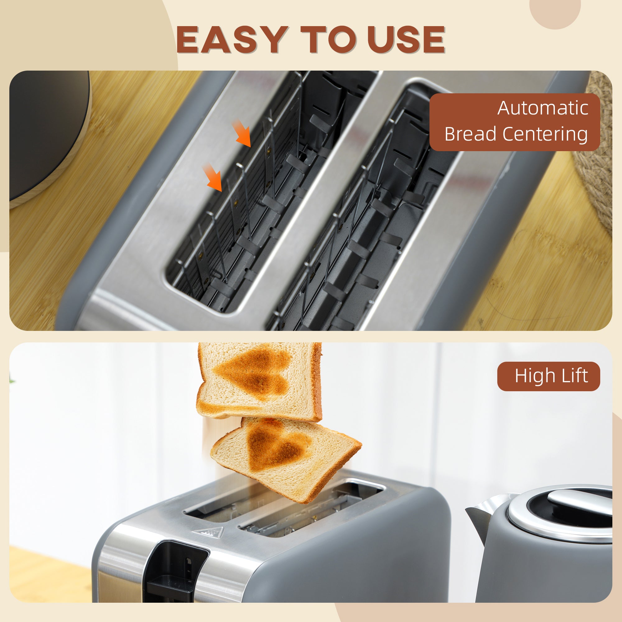 Kettle and Toaster Set, 1.7L 3000W Fast Boil Kettle & 2 Slice Toaster Kitchen Set with 7 Level Browning Controls, Defrost, Reheat, Auto Off, Boil-dry Protection, Grey