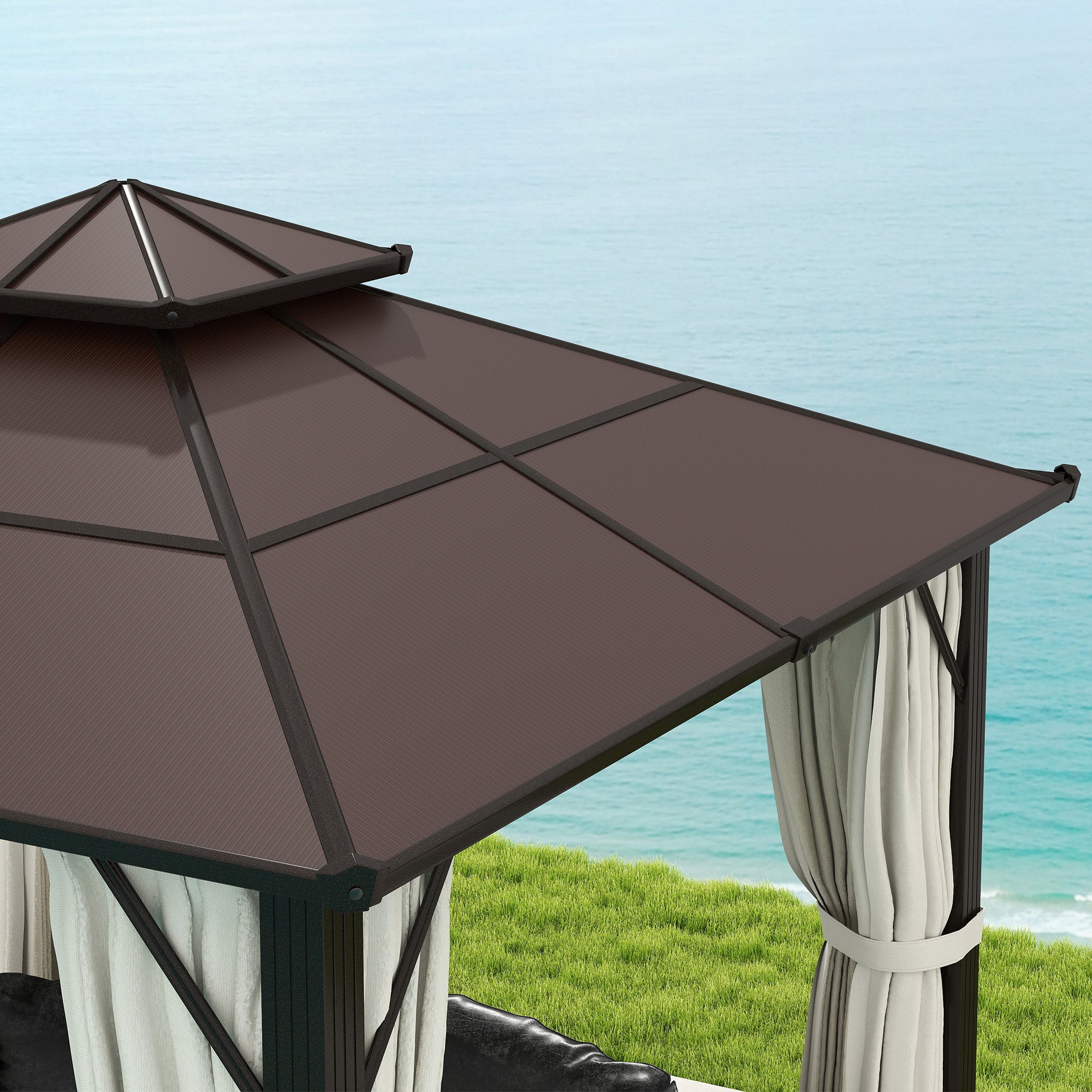 3 x 3(m) Hardtop Gazebo Canopy with UPF30+ Double Polycarbonate Roof, Aluminium Frame Garden Gazebo Permanent Pavilion with Mosquito Netting and Curtains for Patio, Deck, Beige
