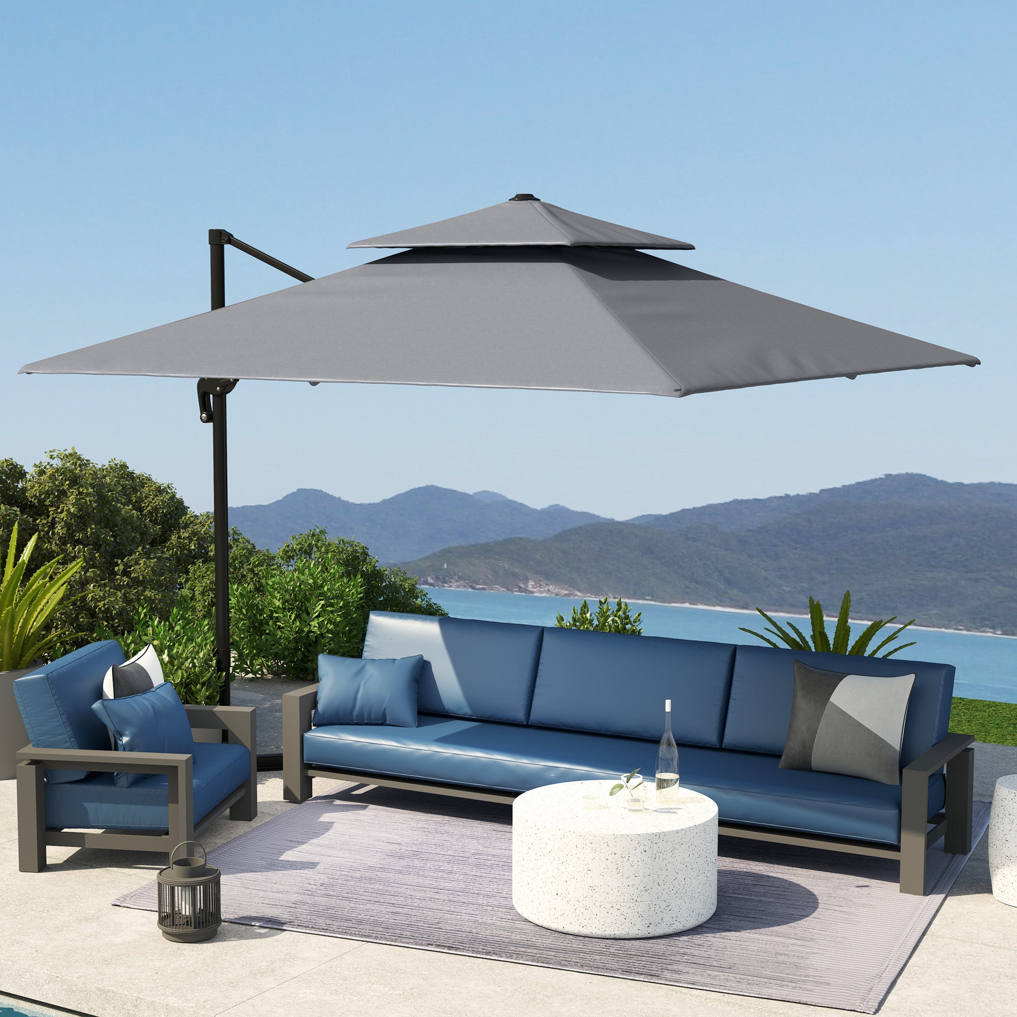 3 x 3m Cantilever Parasol with Aluminium Frame, Crank, Tilt & 360° Rotation, Double Top Garden Umbrella with Base and Cover - Light Grey