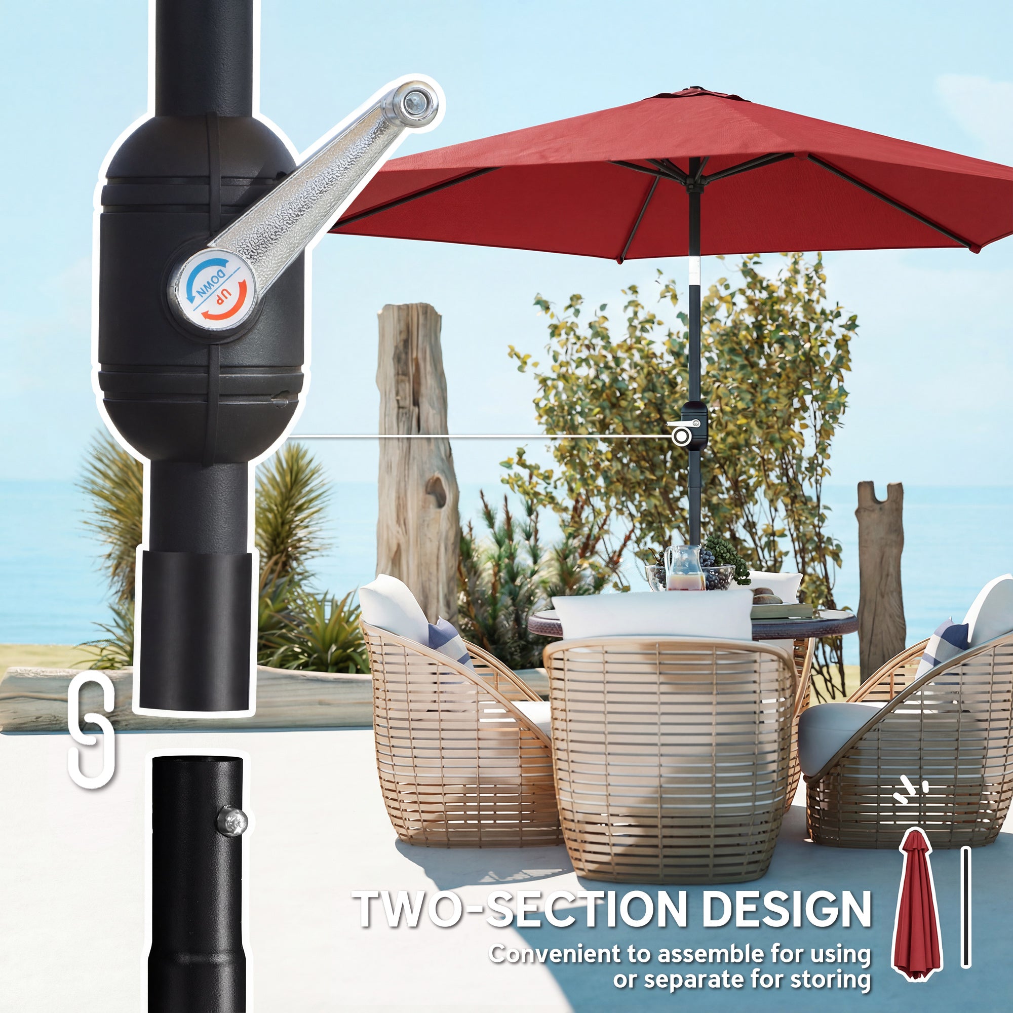 2.6 m Garden Parasol Umbrella with Aluminium Pole, Outdoor Patio Umbrella with Tilt and Crank, Vent, Wine Red