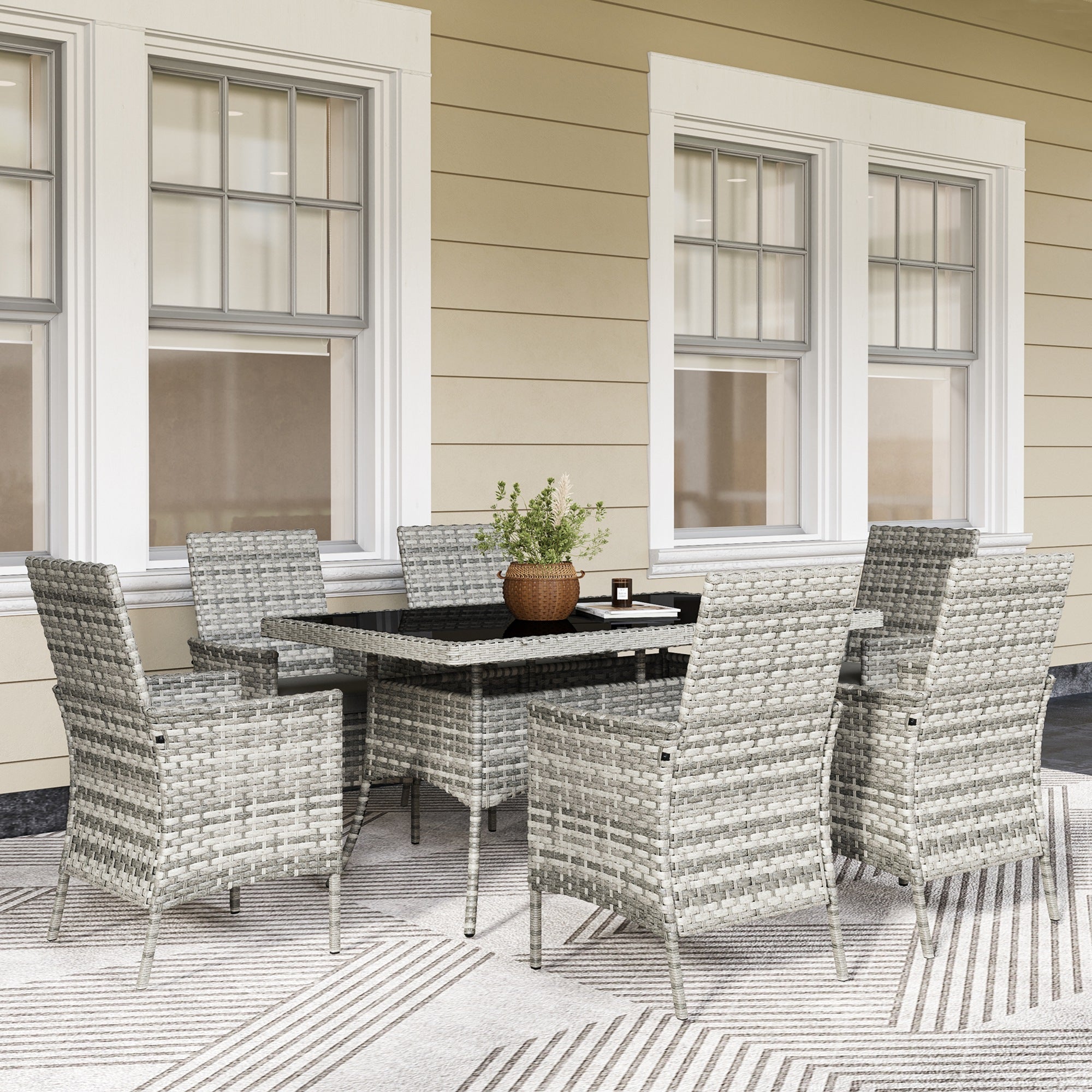 Seven-Piece Rattan Dining Set - Mixed-Grey