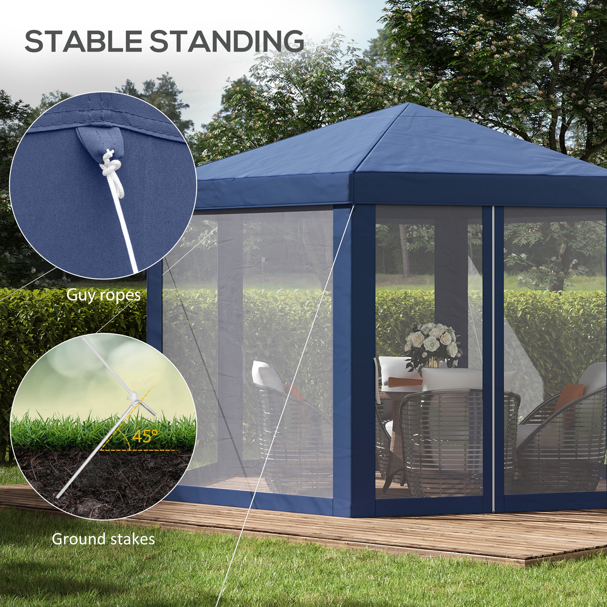 4M Hexagon Gazebo, Netting Party Tent Patio Canopy Outdoor Event Shelter for Activities, Shade Resistant, Blue