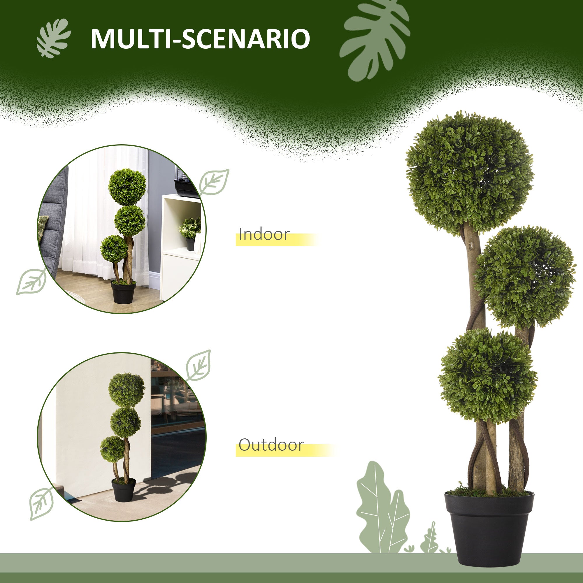 Decorative Artificial Plants Set of 2, Boxwood Ball Topiary Trees in Pot Fake Plants for Home Indoor Outdoor Decor, 90 cm, Dark Green