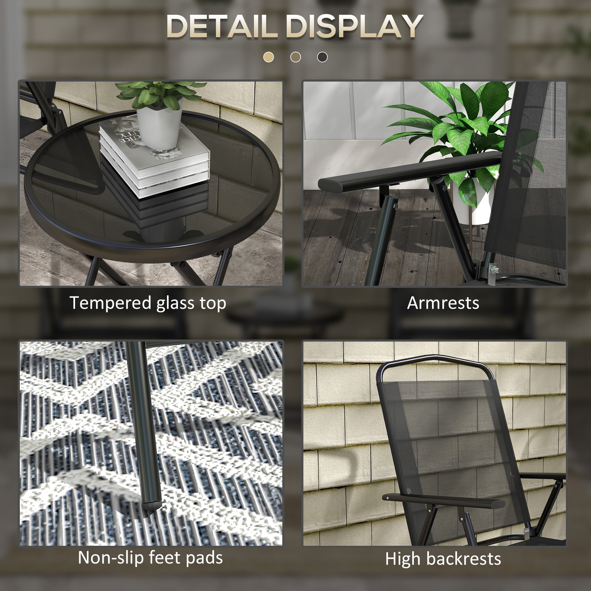 Three-Piece Foldable Garden Seat Set with Glass-Top Table - Black