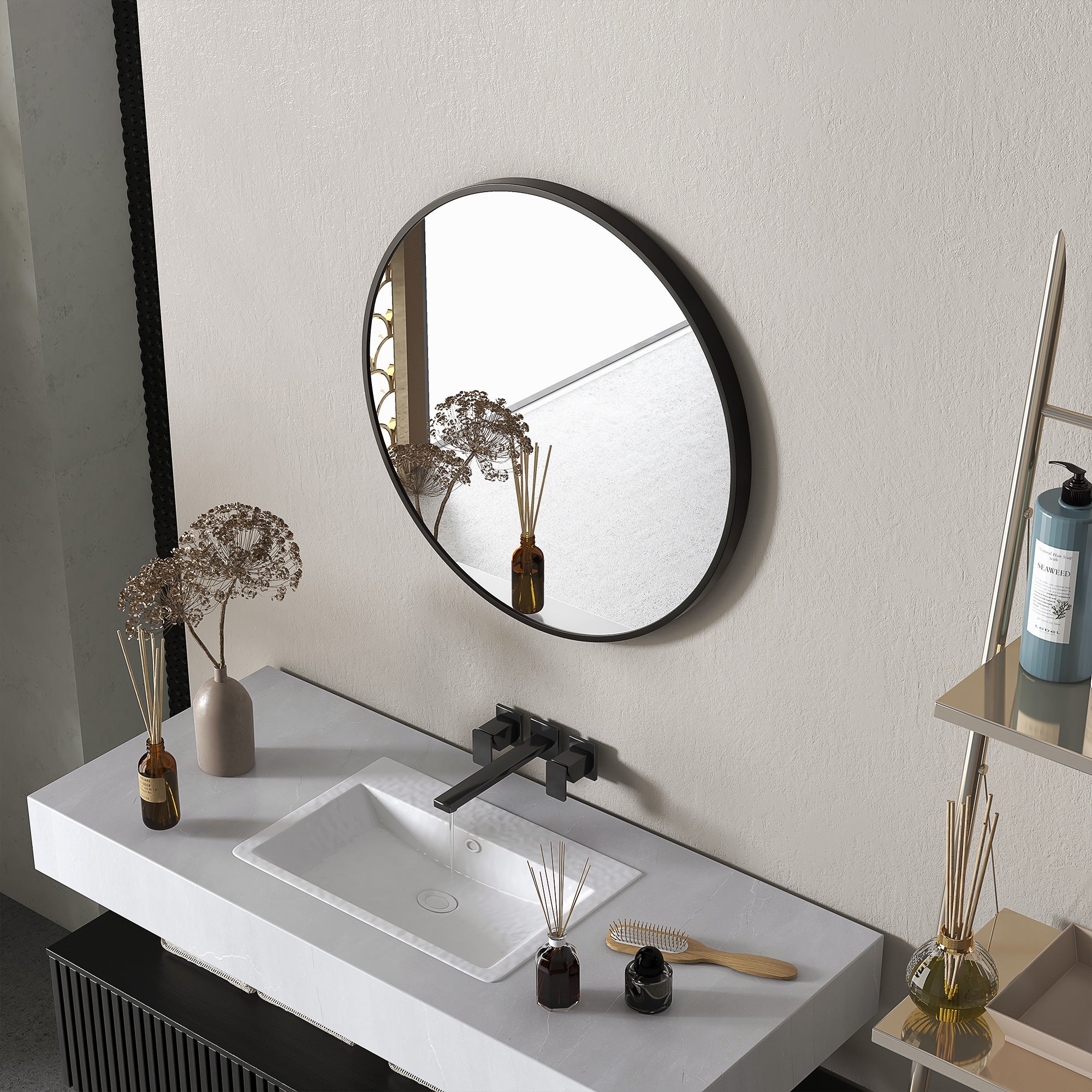 70cm Aluminium Frame Round Bathroom Mirror - Black