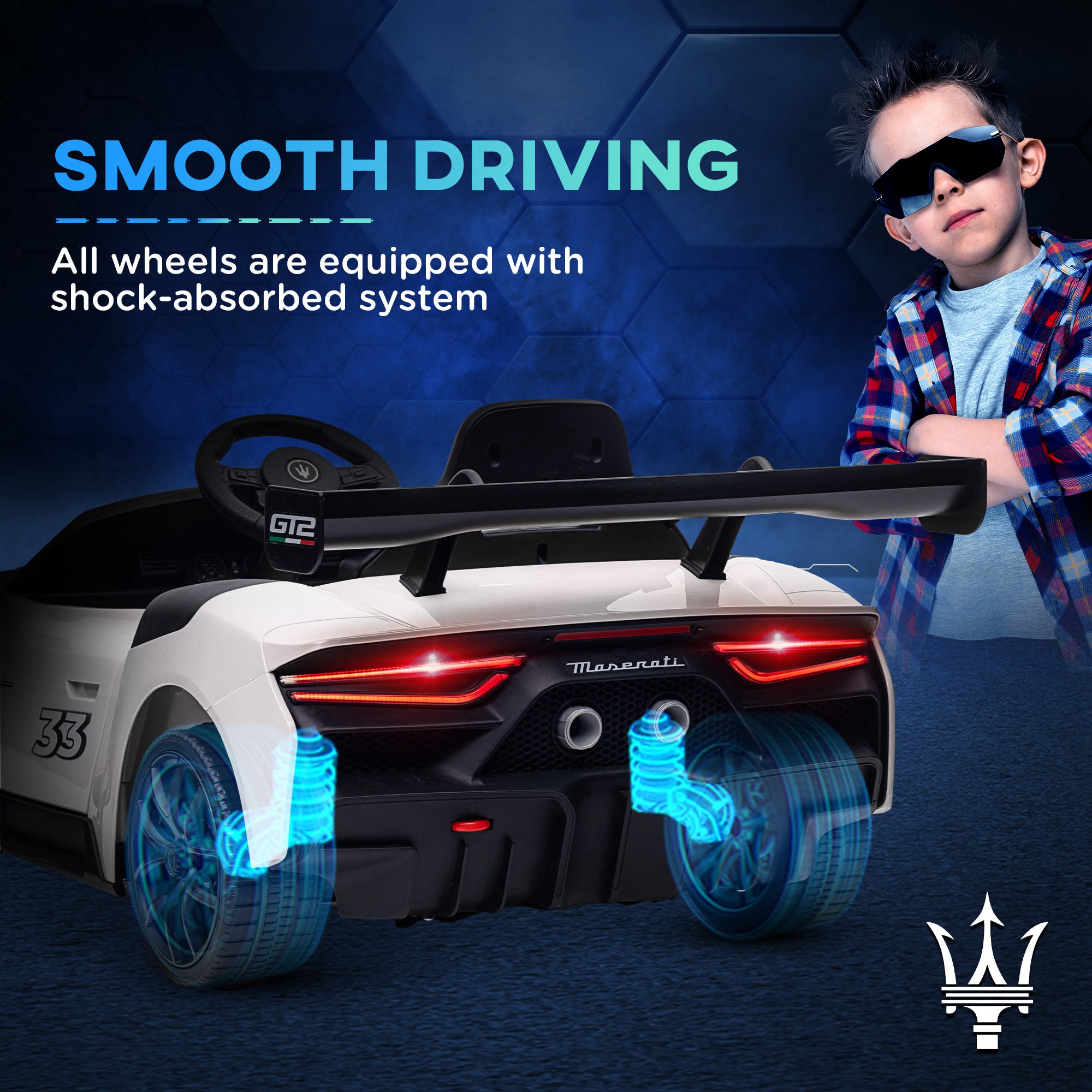 Maserati GT2 Licensed 12V Kids Electric Ride on Car with 4 Suspension, Remote Control Music Horn Lights - White