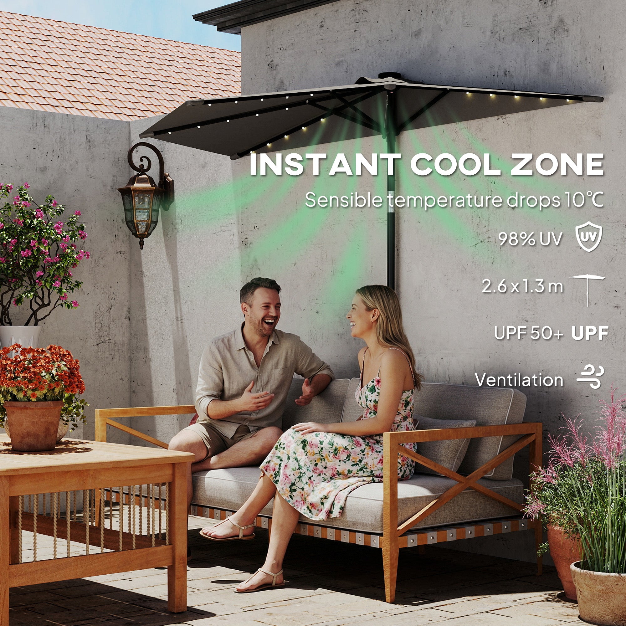 2.6 m Half Garden Parasol with Solar LED Lights, UPF50+ Semi Round Umbrella with 30° Tilt, Crank Handle, Dark Grey