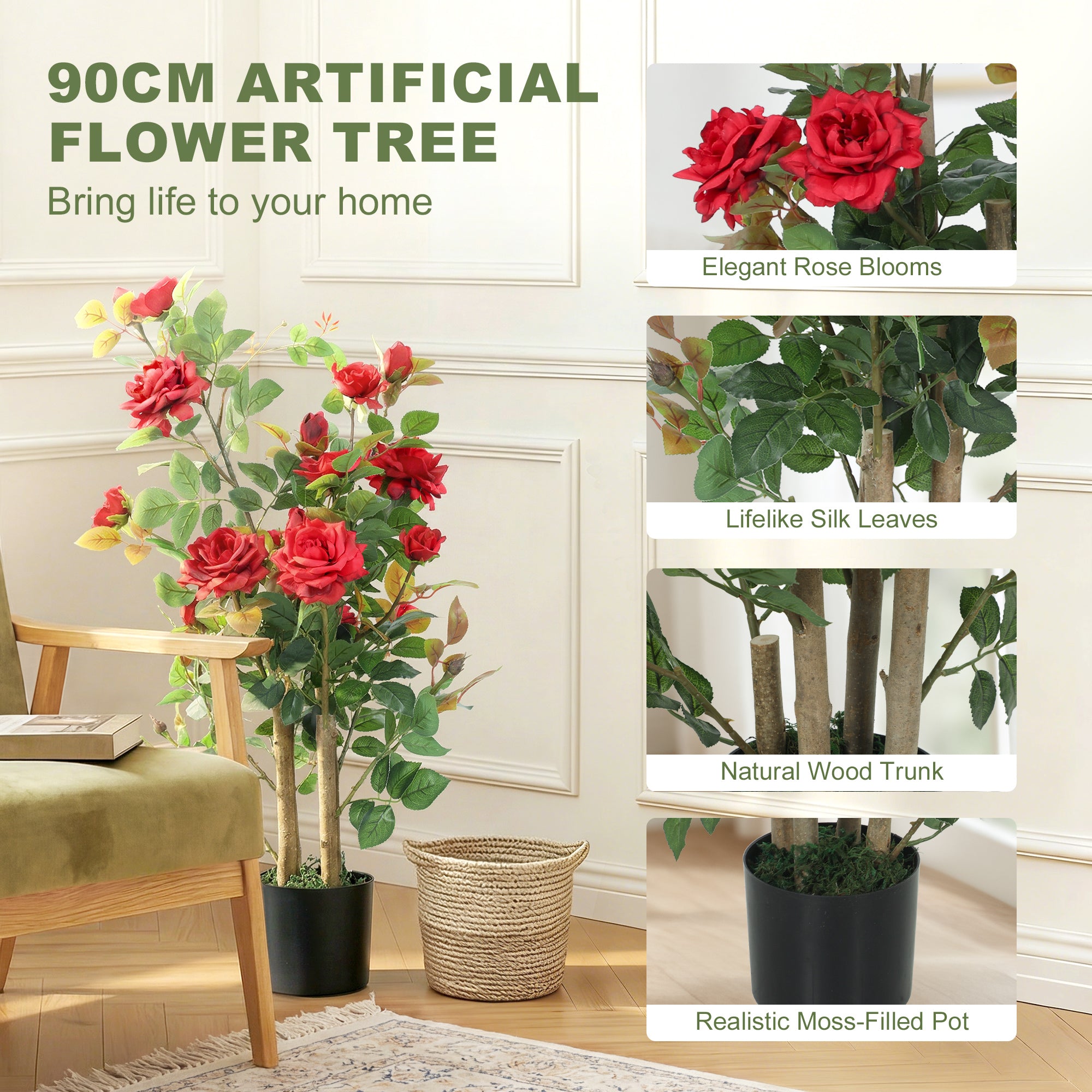 90cm Artificial Rose Tree Set of 2, Decorative Fake Plant with 344 Silk Leaves 17 Flowers for Outdoor Indoor Decor, Red