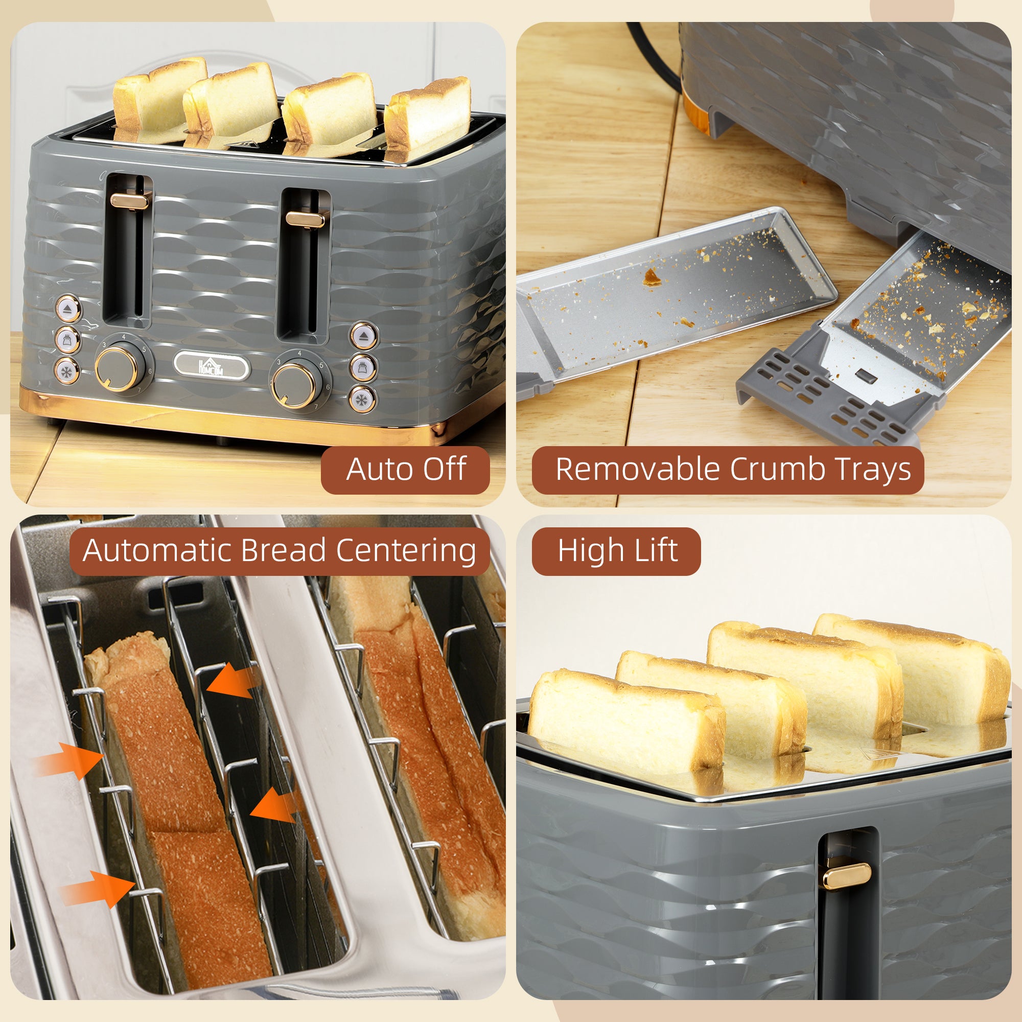 Four-Slice Rippled Toaster with 7 Settings and Safety Features - Grey