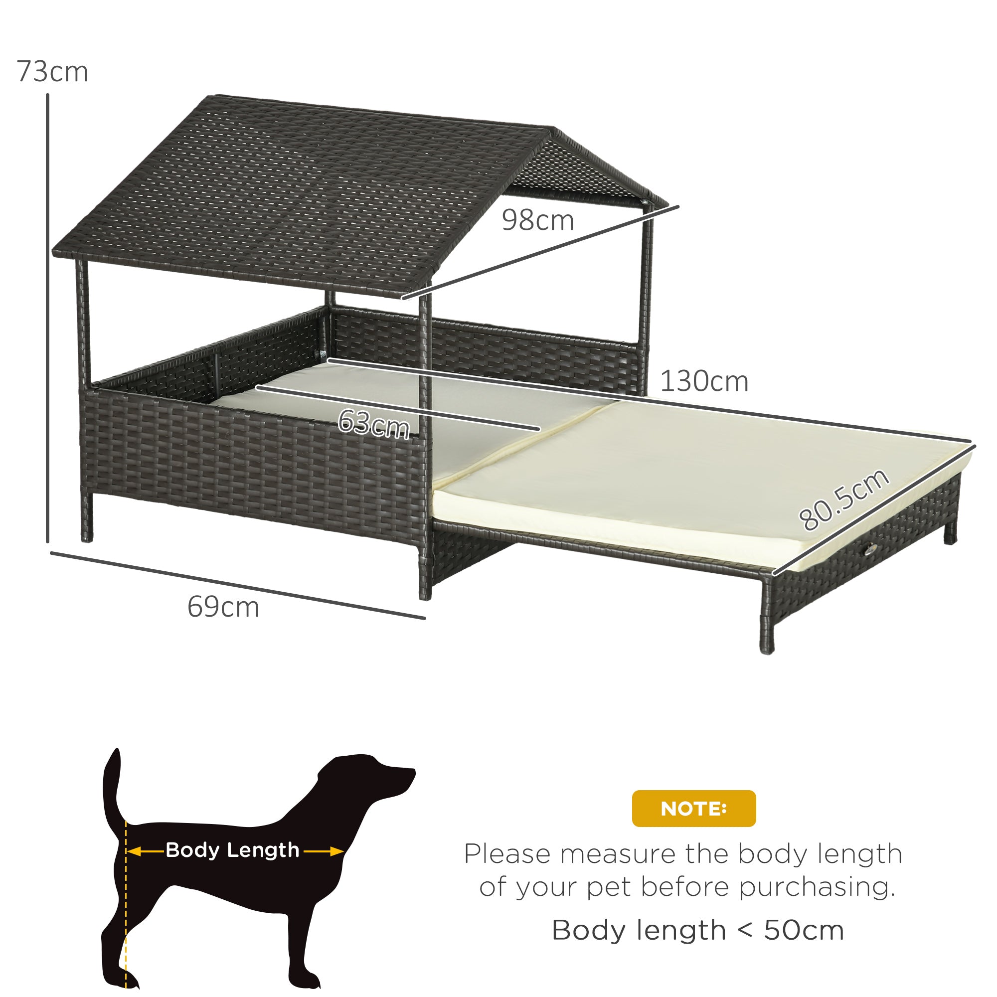 Extendable Elevated Dog Bed, Rattan Dog House, with Water-Resistant Roof, Removable Cushion, for Small, Medium Dogs