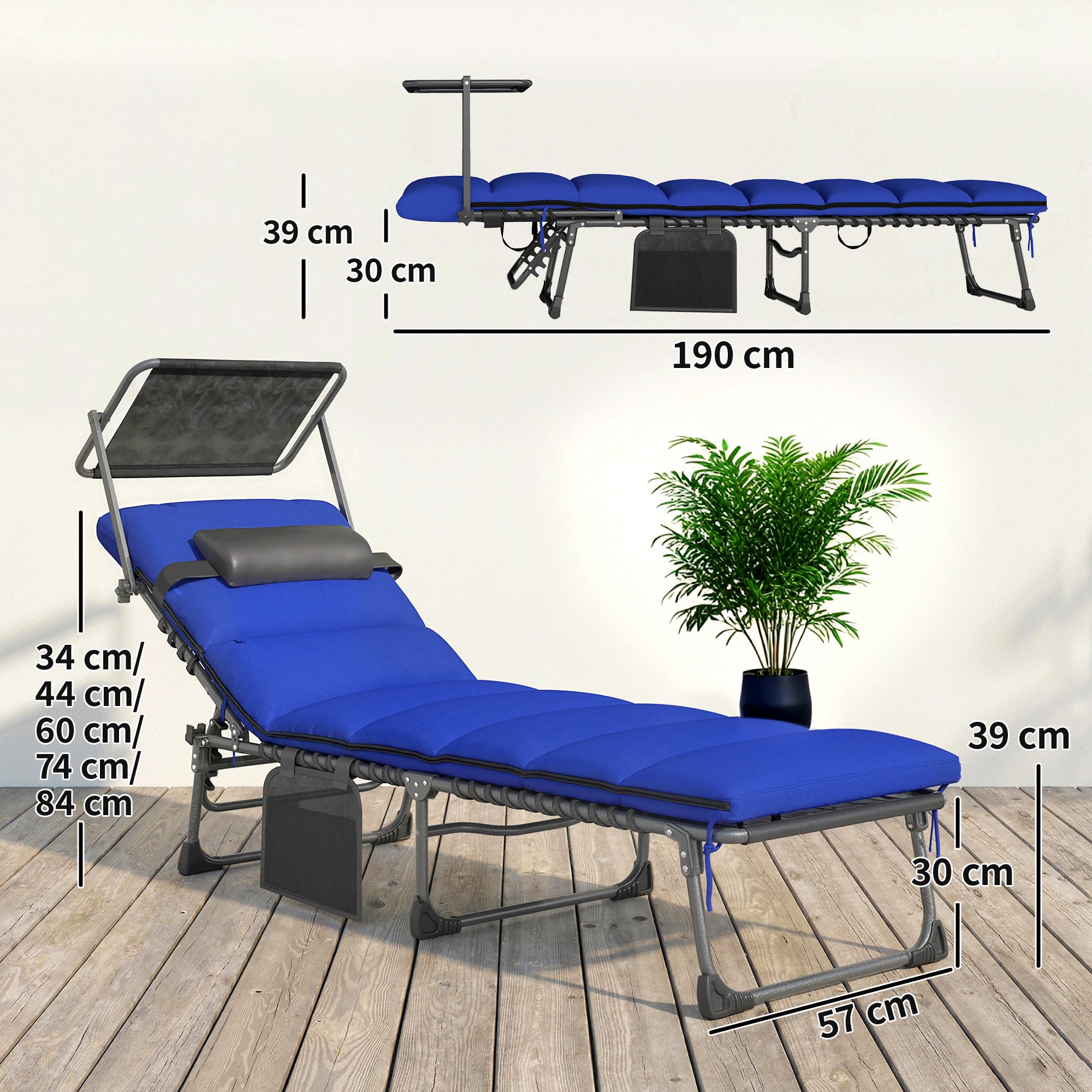 Folding Sun Loungers Set of 2 with Canopy, Reclining Sunbed with Cushion, Side Pocket, Carrying Handle, Dark Blue