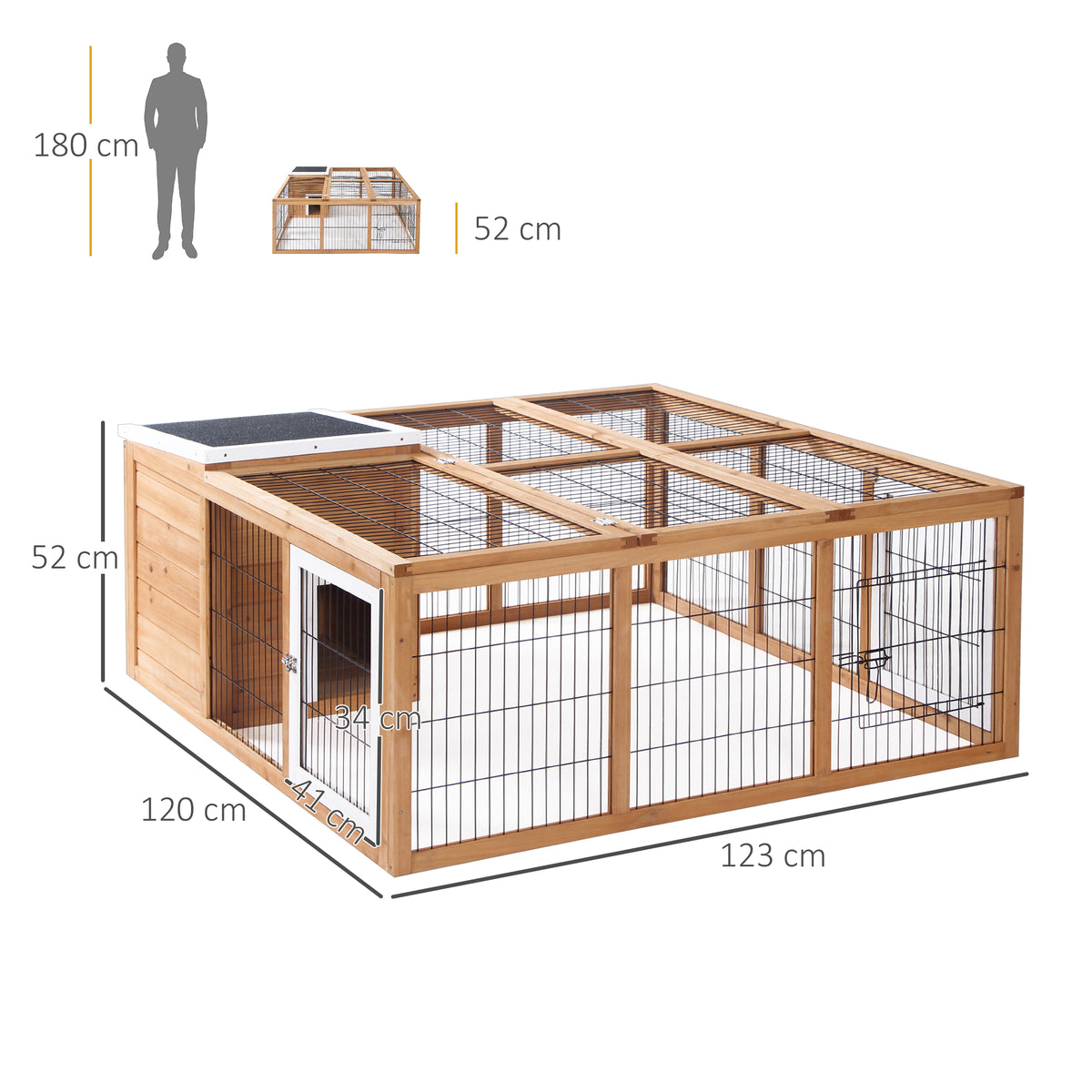 Rabbit Hutch Outdoor, Guinea Pig House, Bunny Run Cage with Openable Top for 1–2 Rabbits, 123 x 120 x 52cm, Yellow