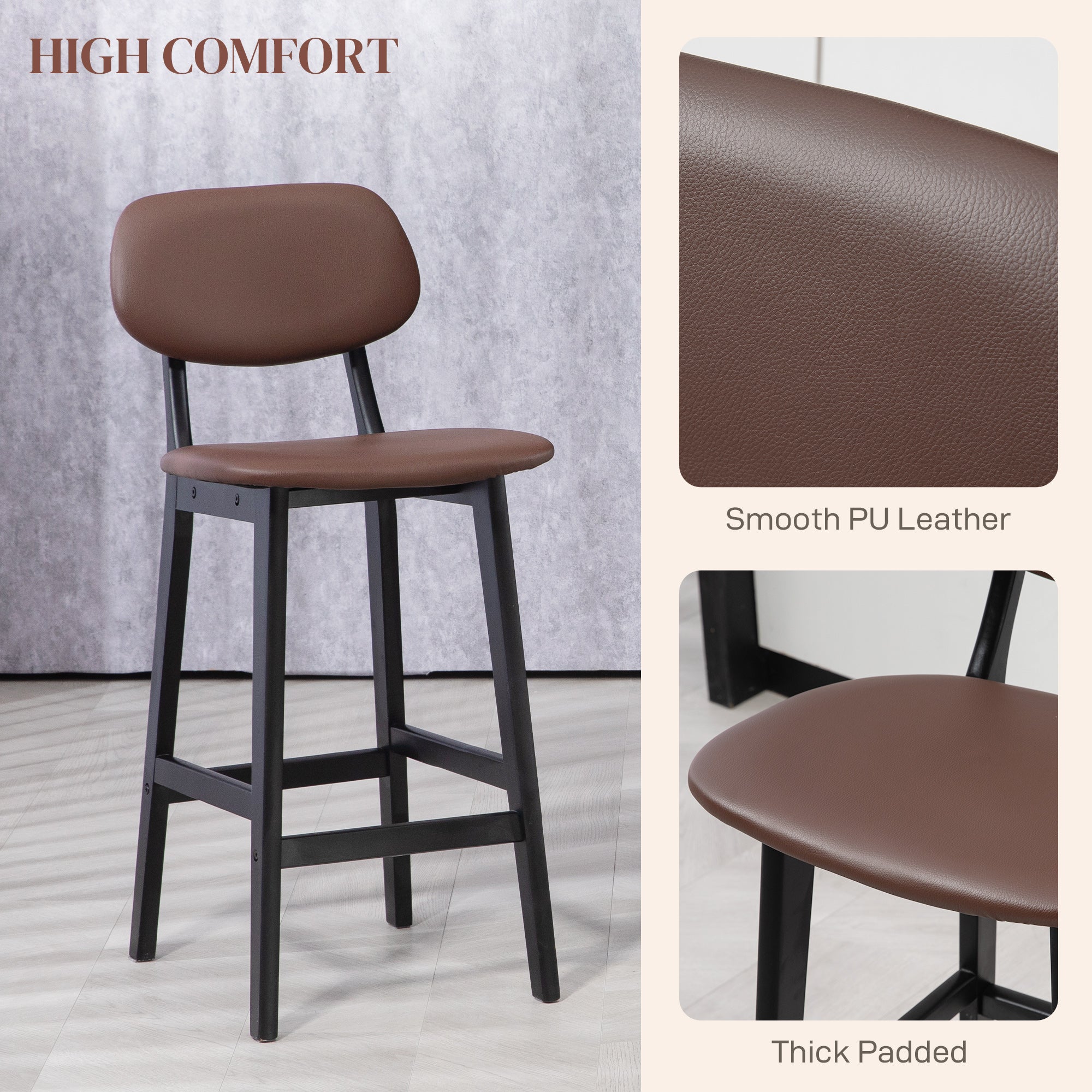 Bar Stools Set of 2, Contemporary Breakfast Bar Chairs, Faux Leather Upholstered Kitchen Stools with Backs and Solid Wood Legs, Brown