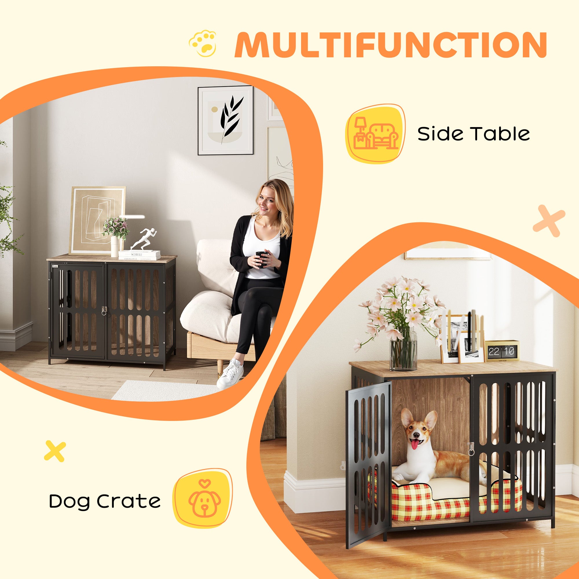 Dog Crate Furniture with Anti-Chew Resistant Mesh, Anti-Escape Single Door, for Medium Dogs, 80 x 55 x 72 cm