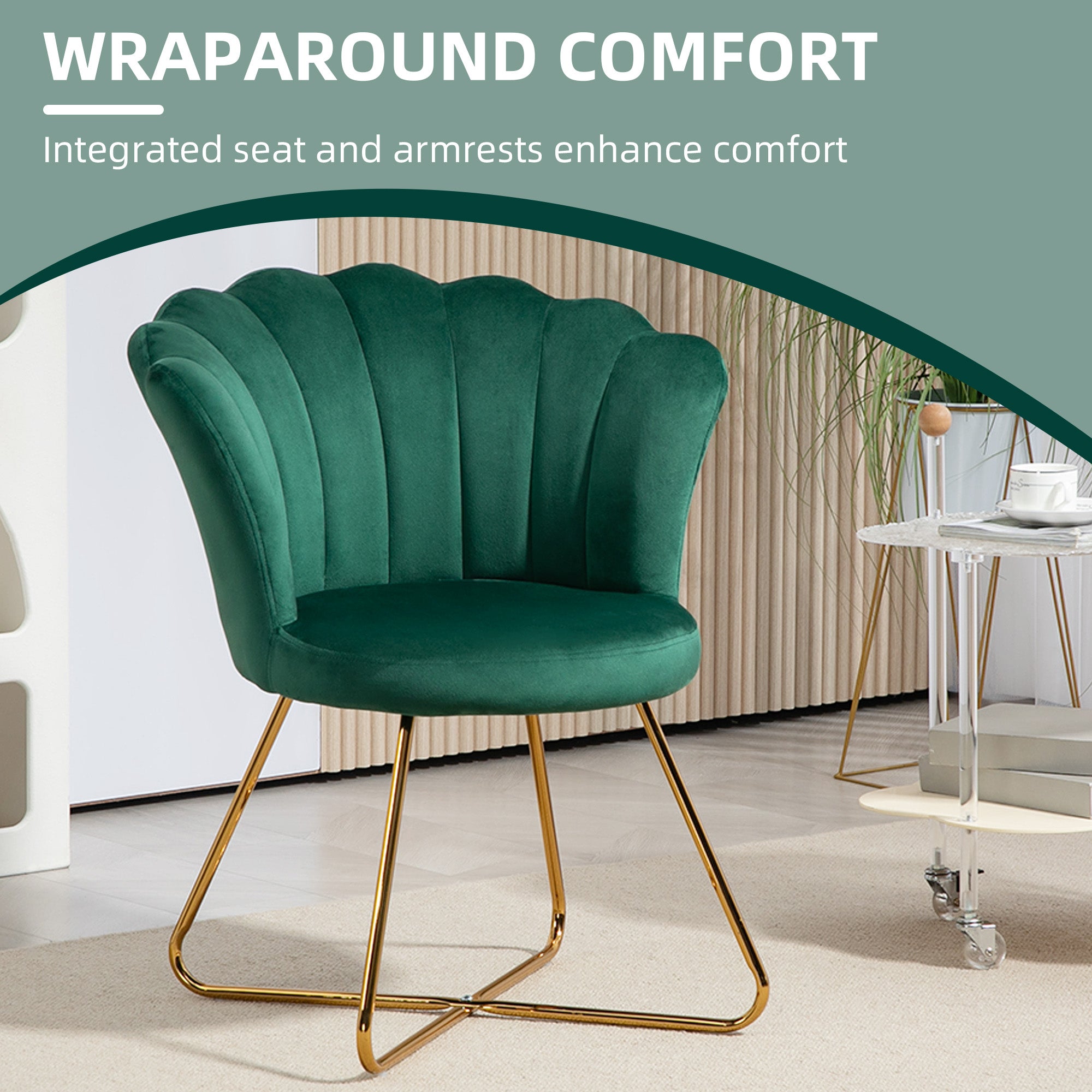 Velvet-Feel Lotus Petal Accent Chair with Steel Legs - Green