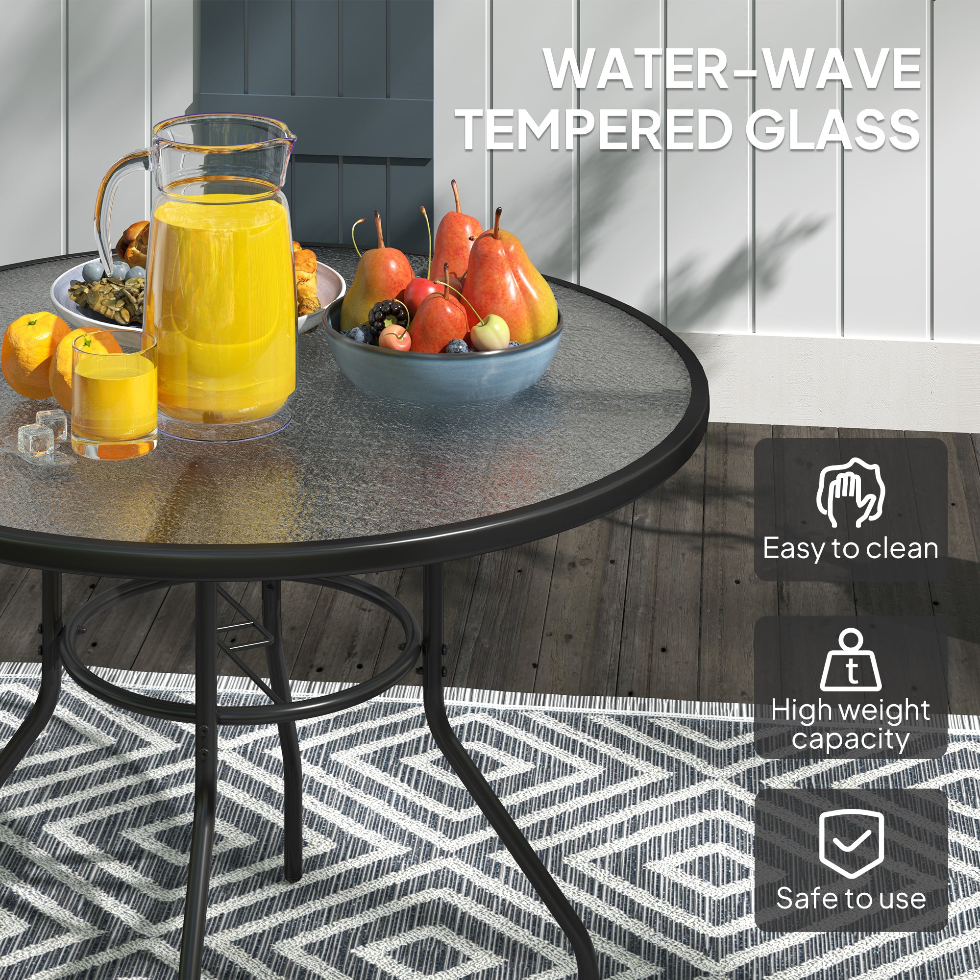 1 Piece Glass Top Garden Table with Parasol Hole - Black