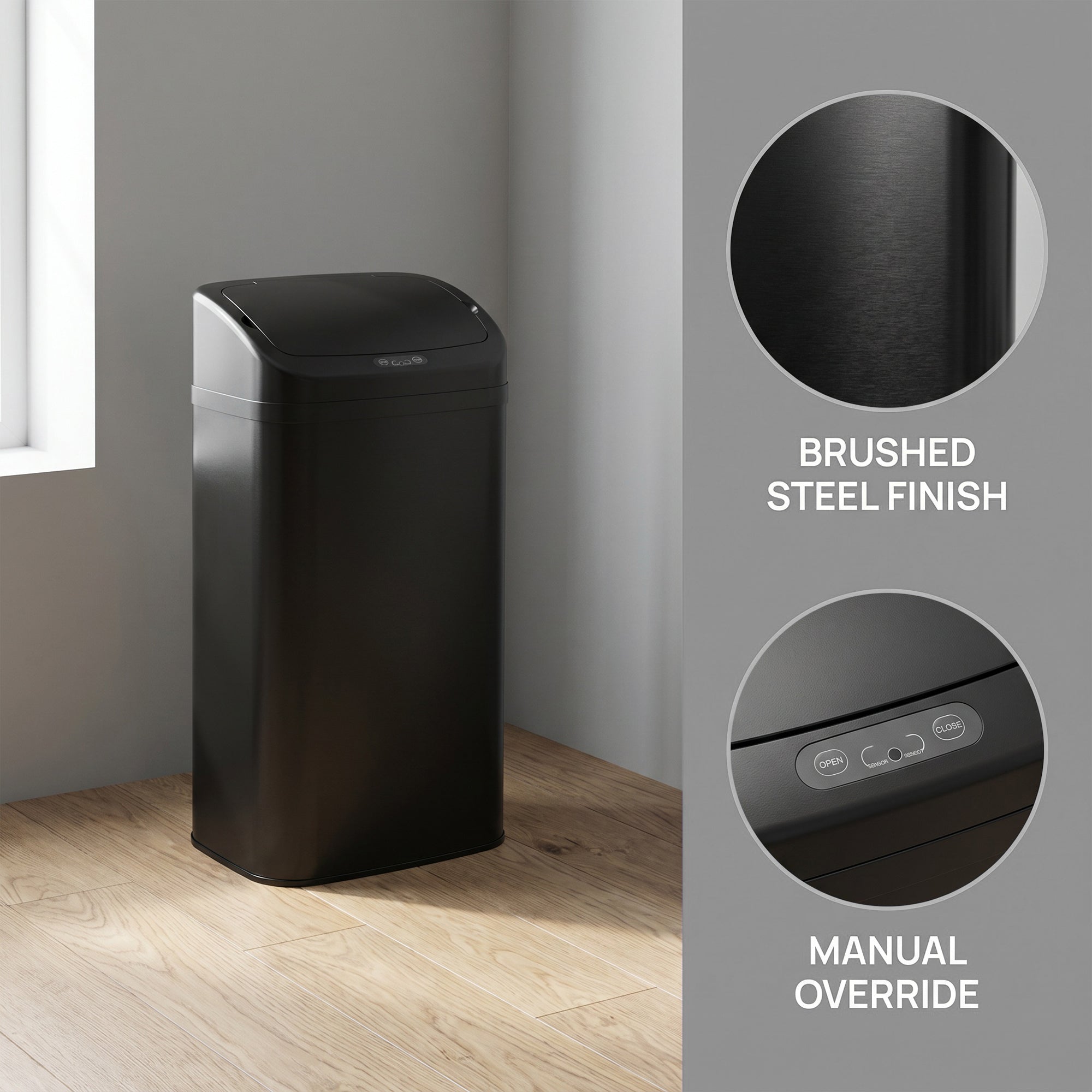 48L Galvanised Steel Sensor Bin - Black
