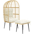 Garden Egg Chair with Footstool, Rattan Indoor Outdoor Lounge Chair and Ottoman Set with Thick Cushions, Beige