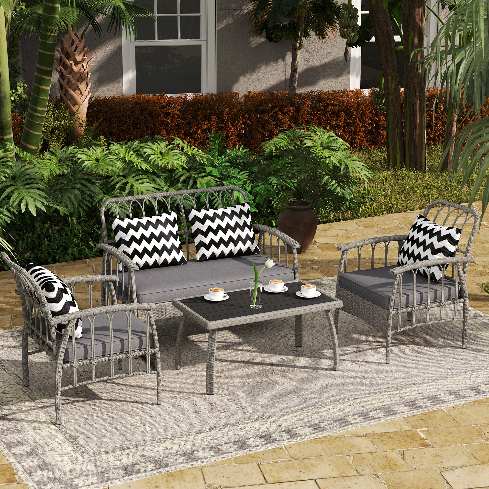 4 Piece Rattan Garden Sofa Set with Adjustable Backrests - Grey