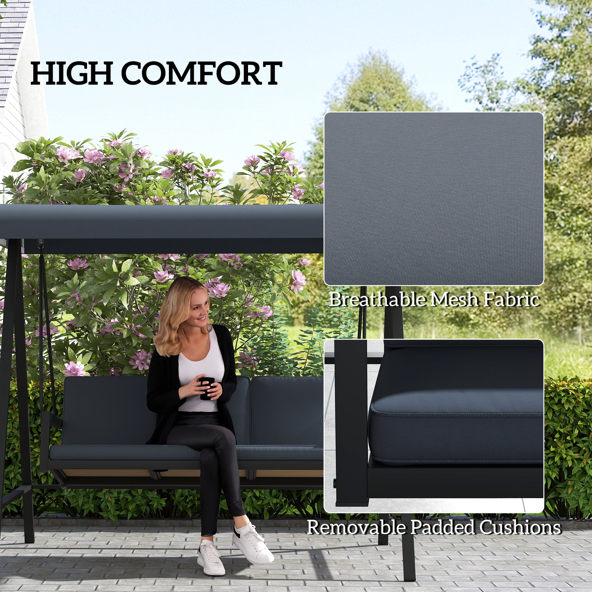 3 Seater Garden Swing Chair with Adjustable Canopy - Dark Grey