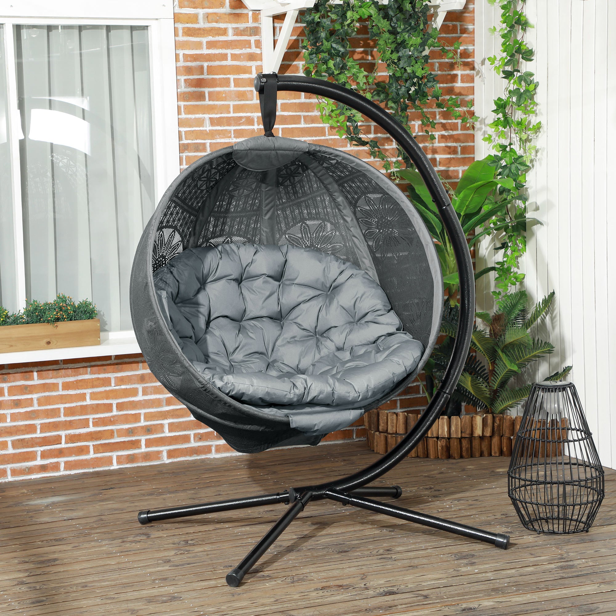 Round Egg Basket Chair with Steel Stand and Padded Cushion - Charcoal Grey