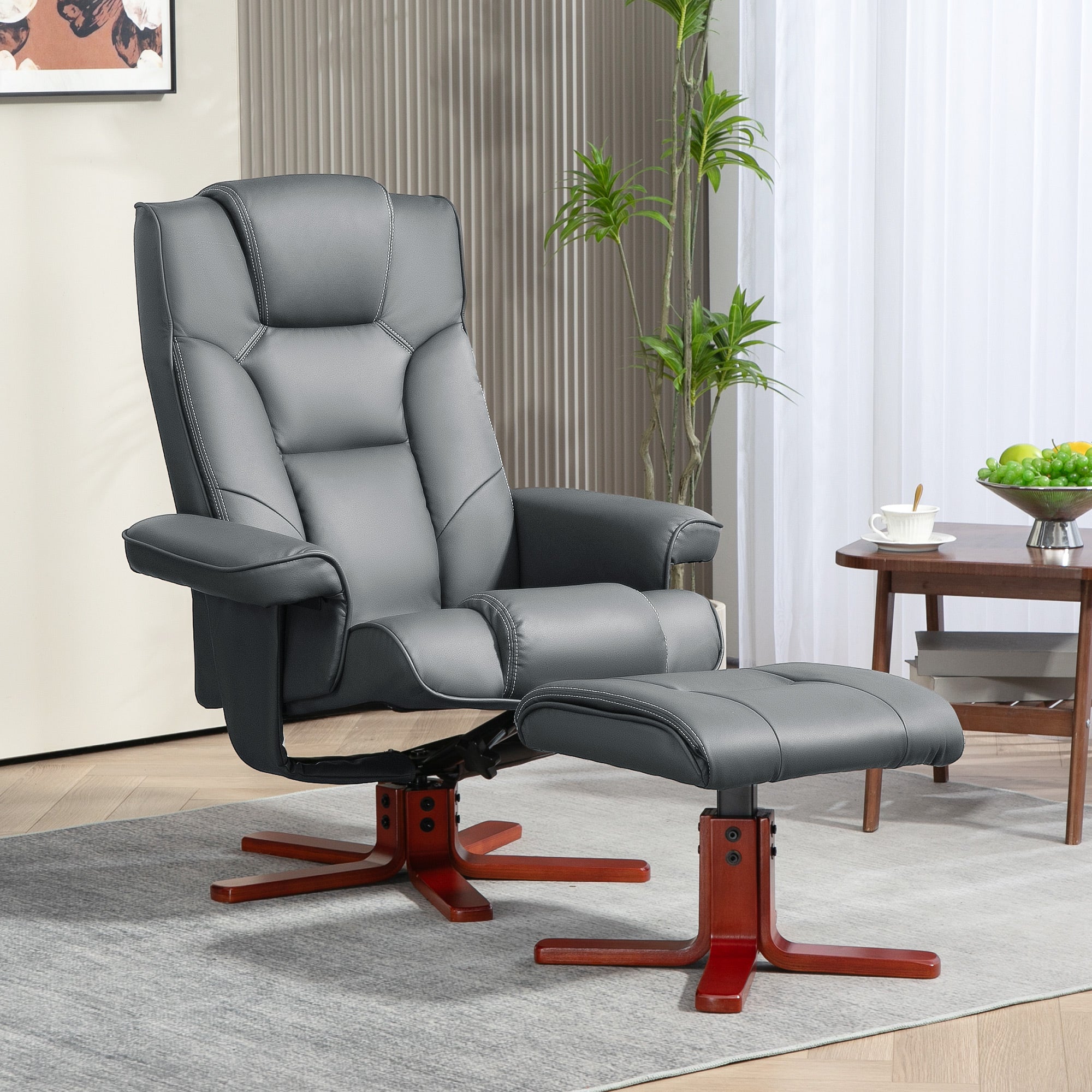 Faux Leather Manual Recliner and Footstool Set - Grey