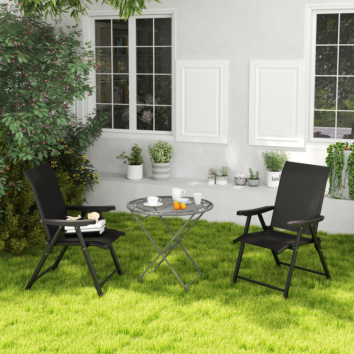 Set of 2 Folding Outdoor Chairs with Breathable Mesh Seats and Armrests - Black