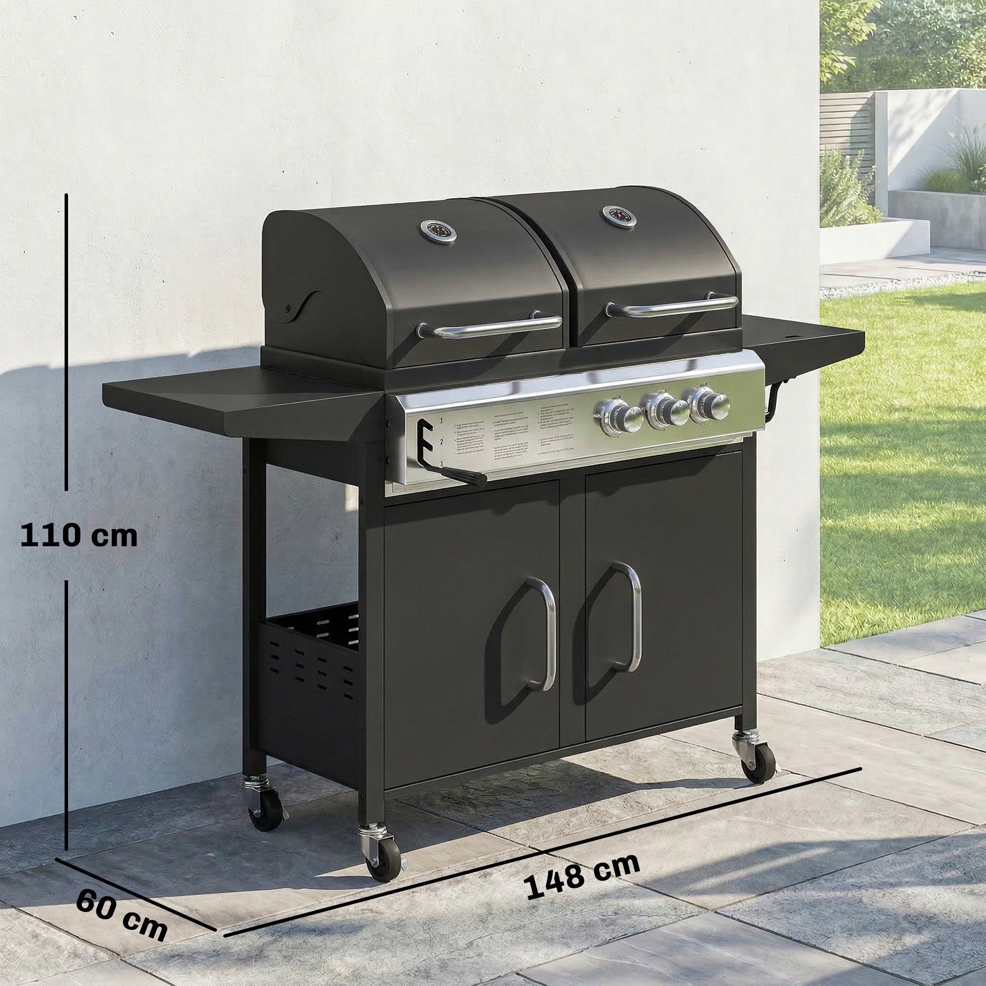 2+1 Burner Hybrid Dual Fuel BBQ Gas Grill, 2-in-1 Propane & Charcoal Barbecue Grill Smoker Combo with Wheels, Black