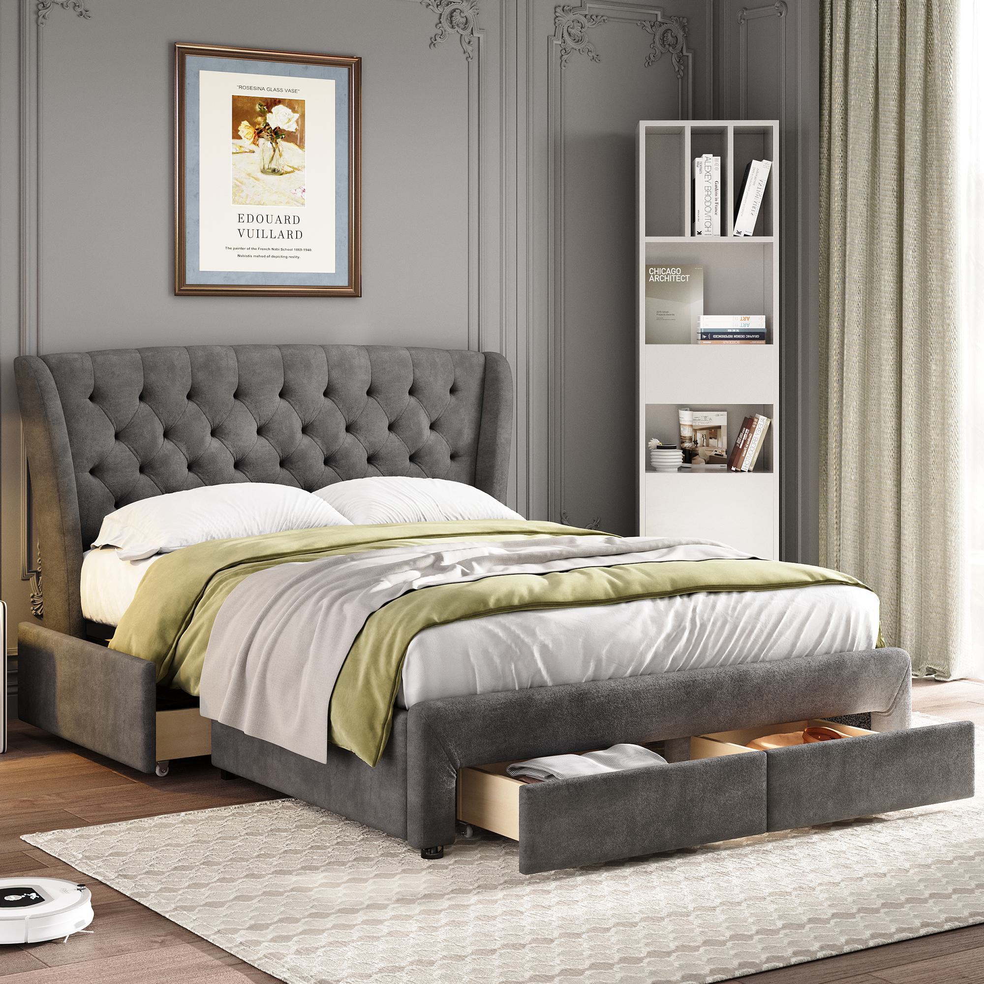 Upholstered Storage Bed with 4 Drawers and Soft Backrest - Gray