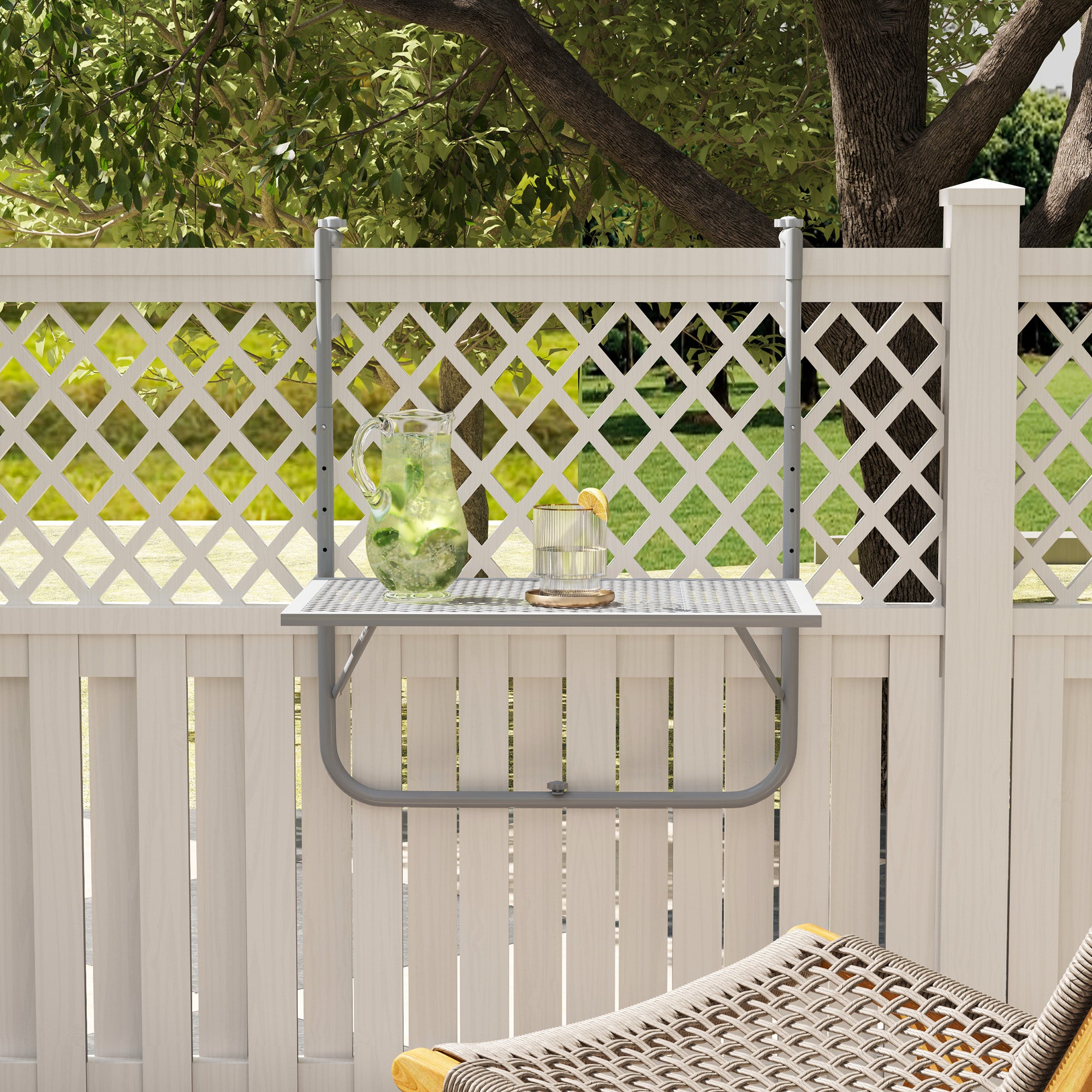 Balcony Hanging Table, Metal Wall Mount Desk, Adjustable Folding Balcony Deck Table for Patio and Garden, Grey