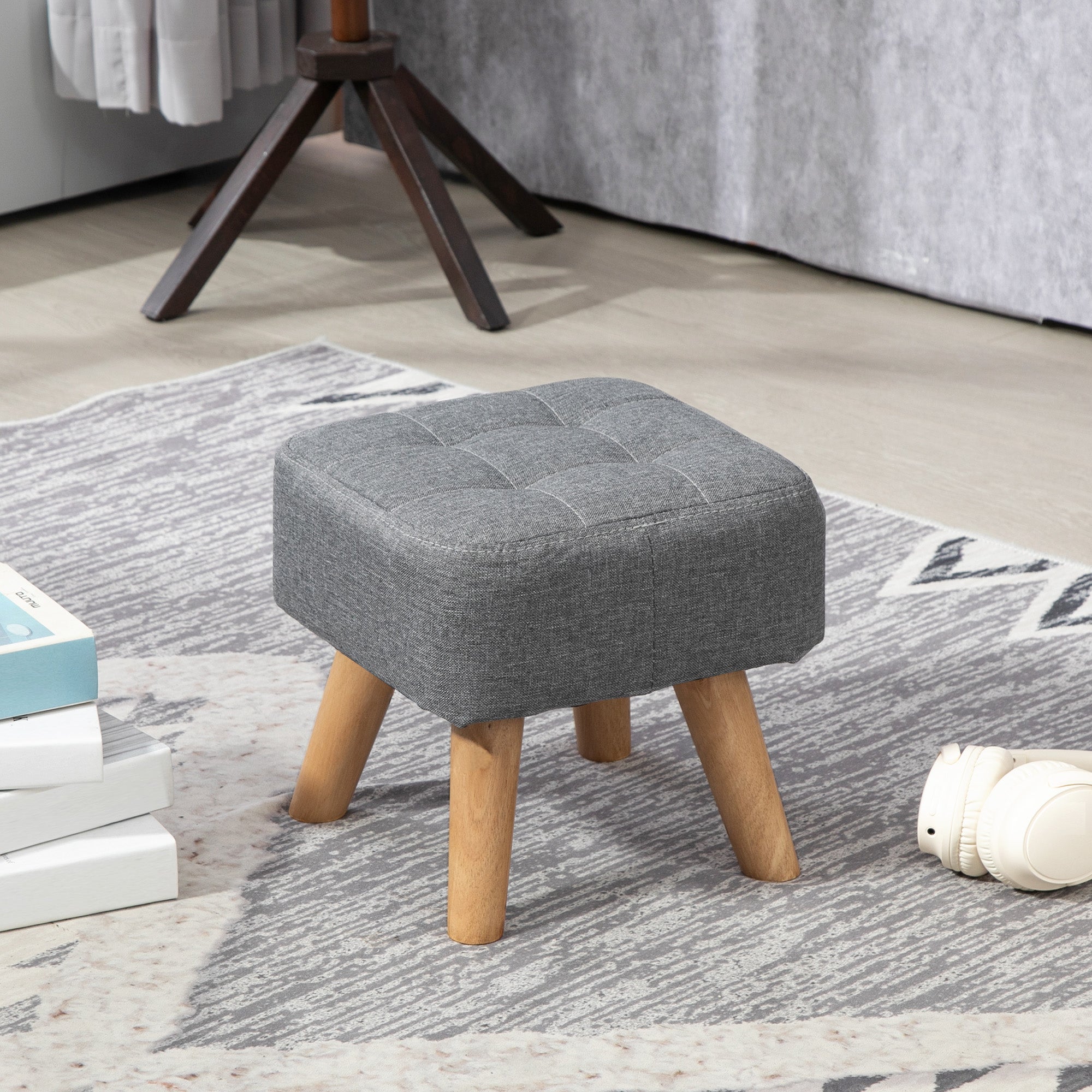 Modern Tufted Footstool, Fabric Foot Stool with Rubber Wood Legs, Padded Seat, for Living Room, Bedroom, Entryway, Grey