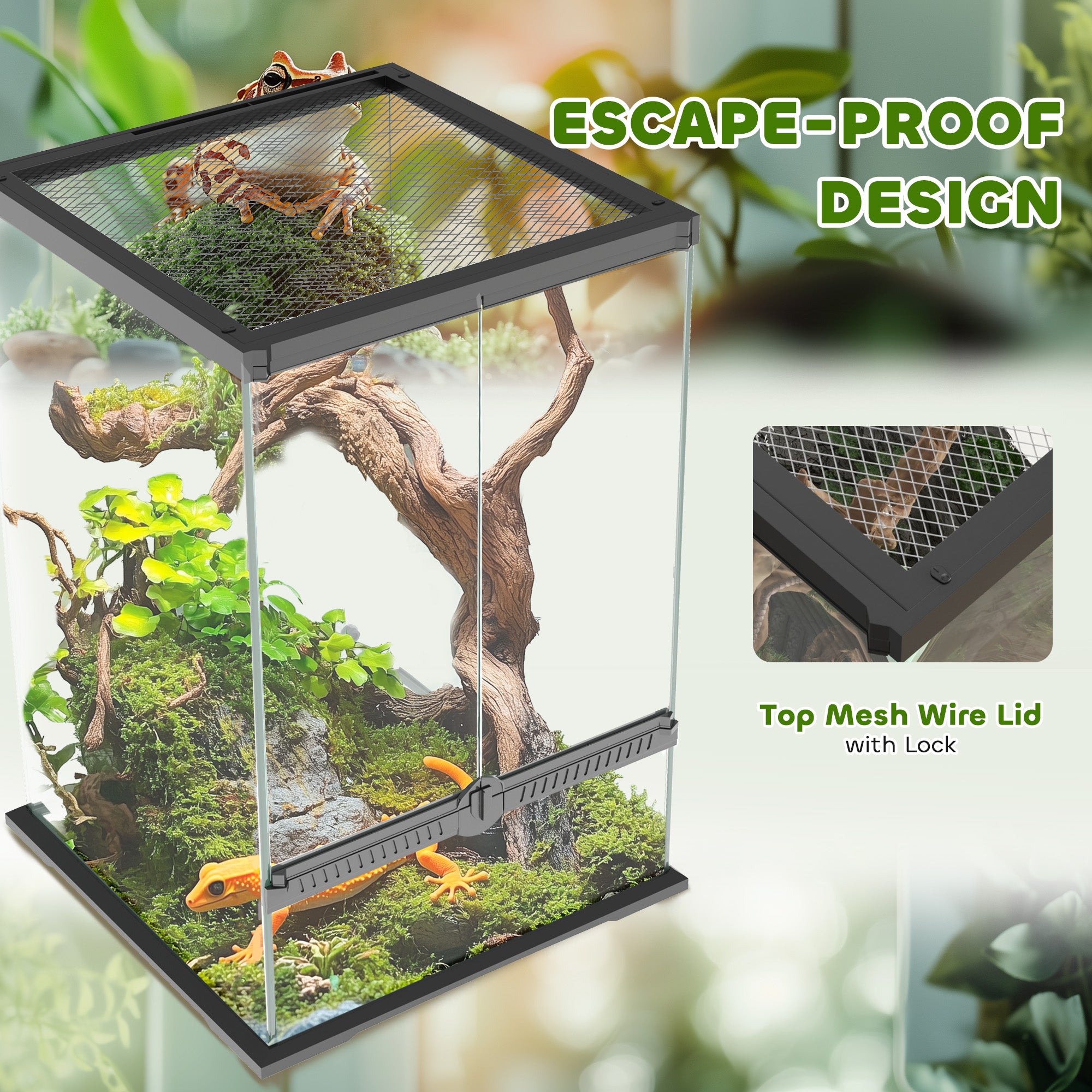 40L Vivarium for Lizards, Frogs, Snakes, Turtles, Tortoises w/ Anti-Escape Design, Ventilation