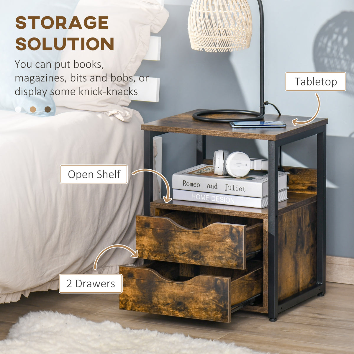 Industrial Side Table Set of 2 with Drawer and Storage Shelf, Slim Nightstand for Living Room & Bedroom - Rustic Brown