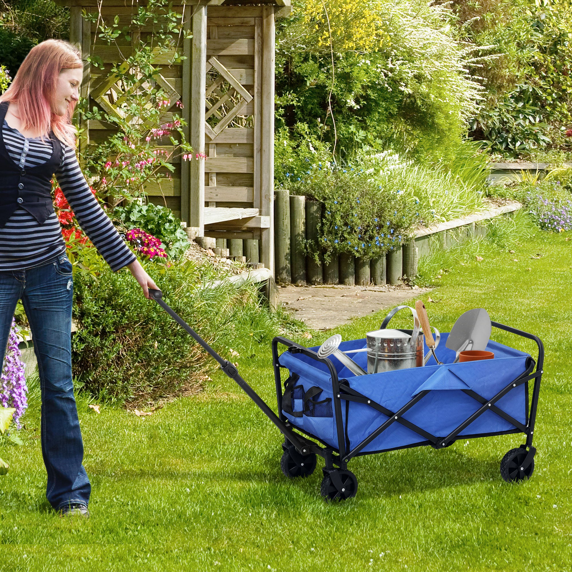 93L Festival Trolley on Wheels, Garden Folding Trolley Cart, 120kg Heavy Duty Collapsible Folding Wagon with Adjustable Handle and Carrying Bag for Beach, Camping, Festival, Blue