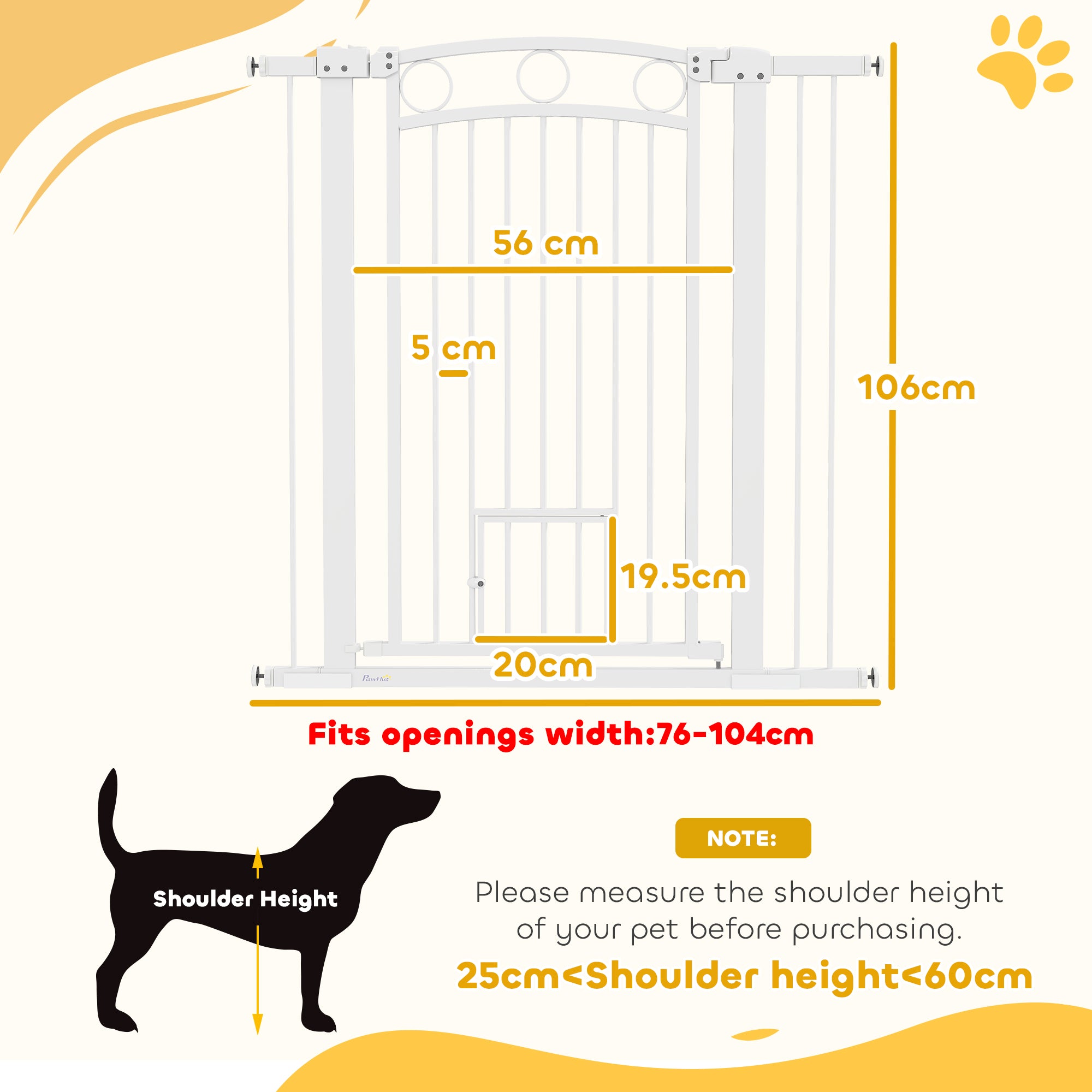 106cm Tall Dog Gate with Cat Door, 7cm and 14cm Extensions, for Stairs, Doorways, 76-104cm Width