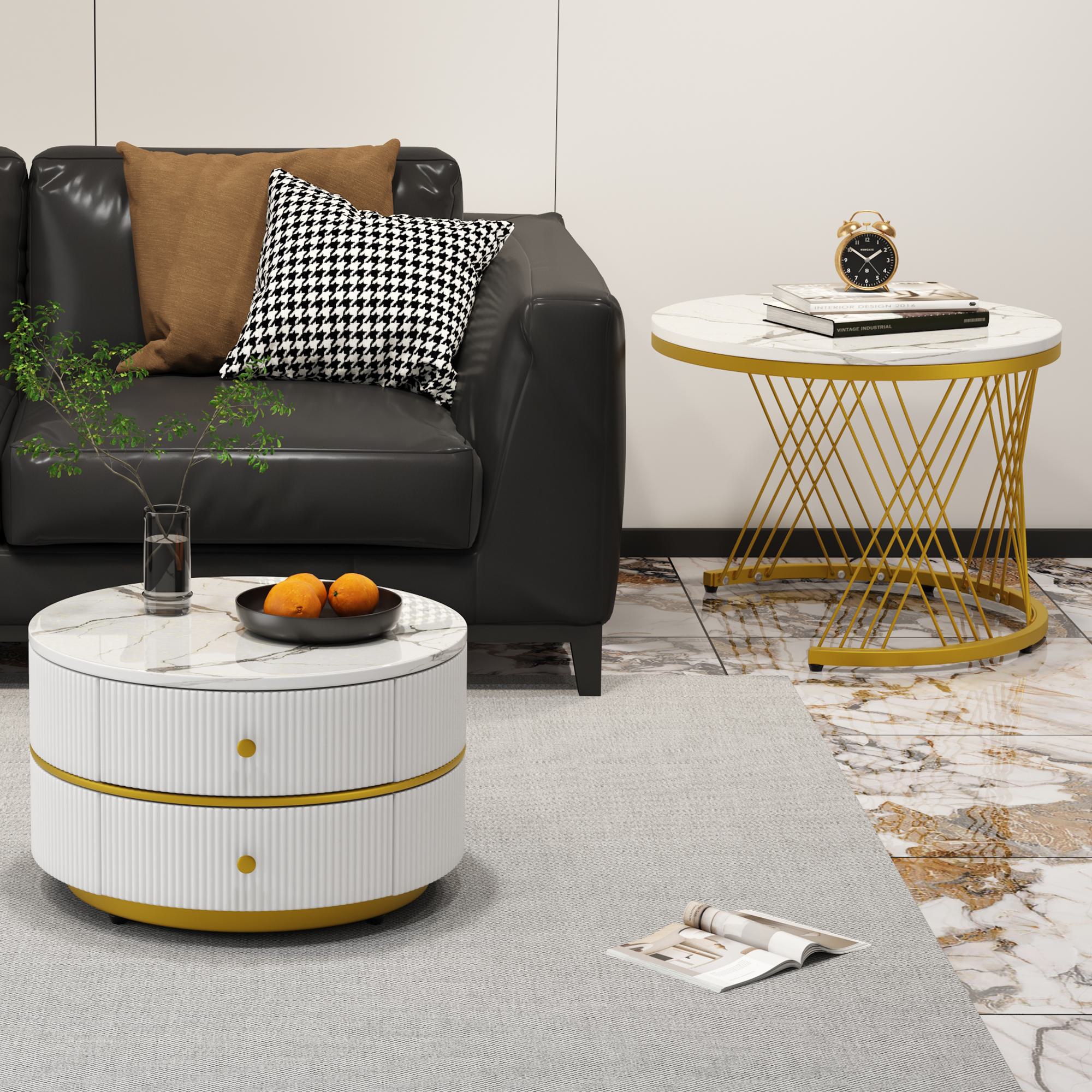 2 Piece High Gloss Round Nesting Coffee Table Set with Marble Top, Living Room Centre Tables with Storage Drawers, Gold+White