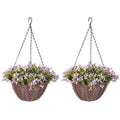 Artificial Flowers in Basket Set of 2, Artificial Hanging Baskets with 75 Leaves and 15 Flowers in Pot, Decorative Plant for Home Office Decor, Purple