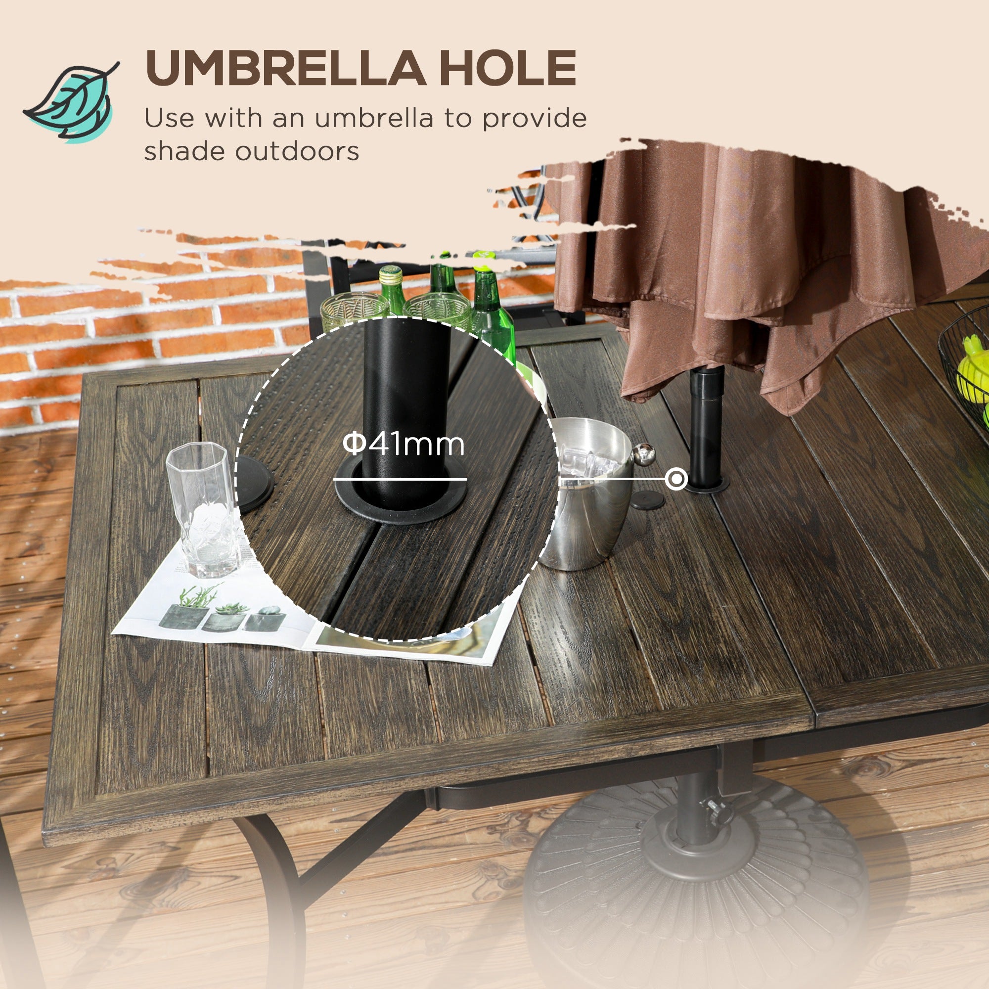 Six-Seater Steel Garden Table, with Œ€41mm Parasol Hole - Wood-Effect