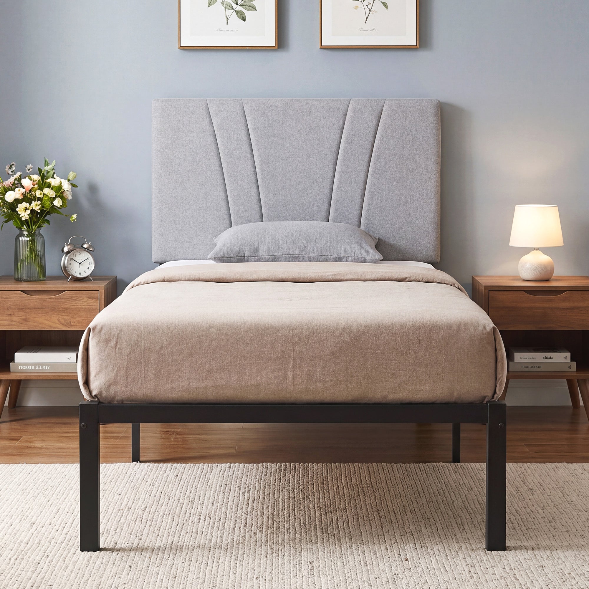 3FT Single Bed Frame with Upholstered Headboard and Underbed Storage, Black and Light Grey