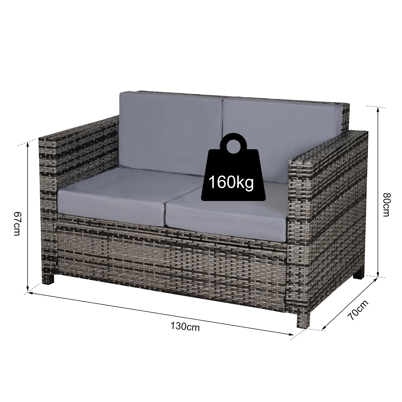 2 Seater Rattan Garden Sofa with Water-Resistant Cushions - Mixed Grey