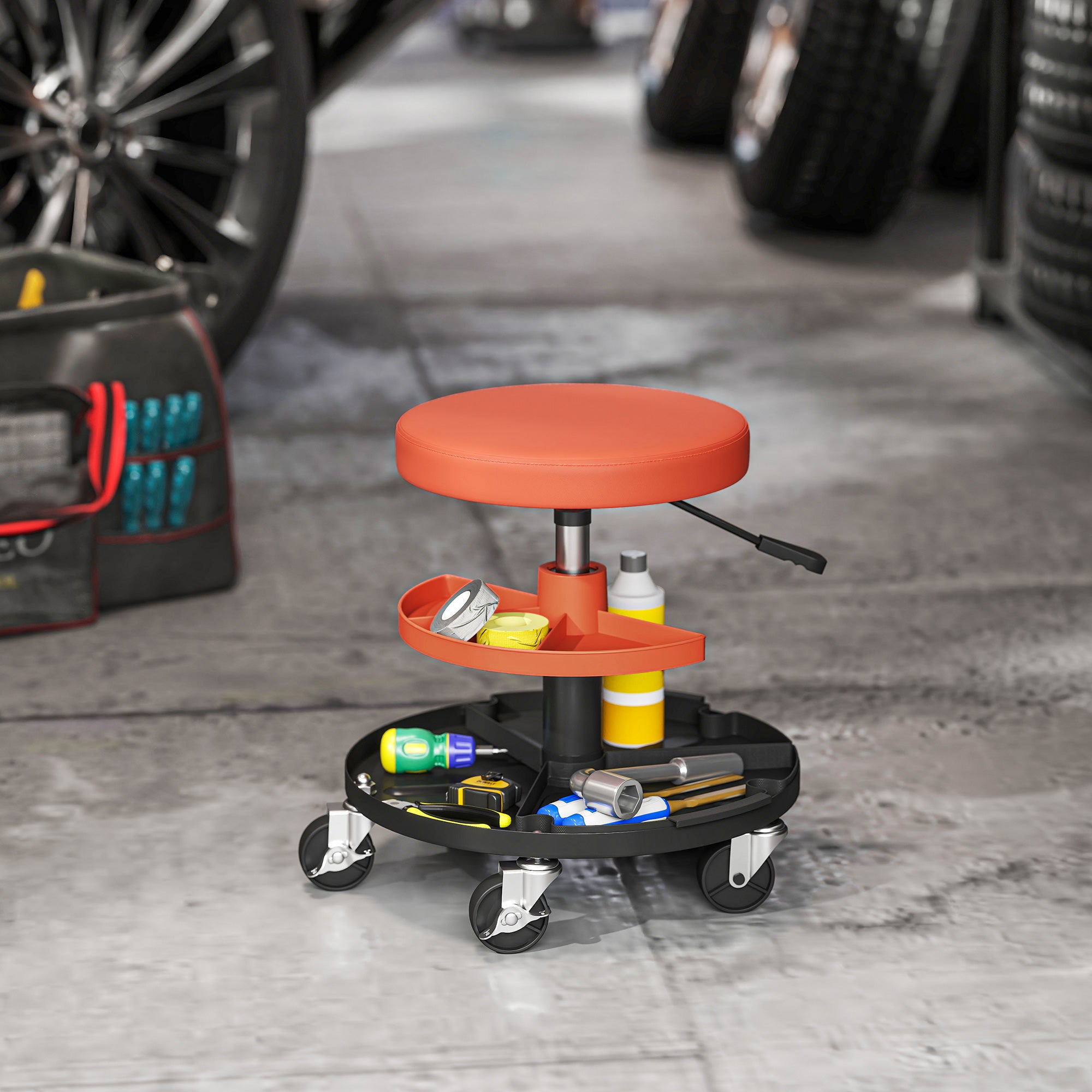 Rolling Mechanic Stool, 135kg Capacity Workshop Stool, 360° Swivel Roller Padded Creeper Seat with Wheels, Tool Trays Storage for Garage, Shop, Auto Repair, Yellow