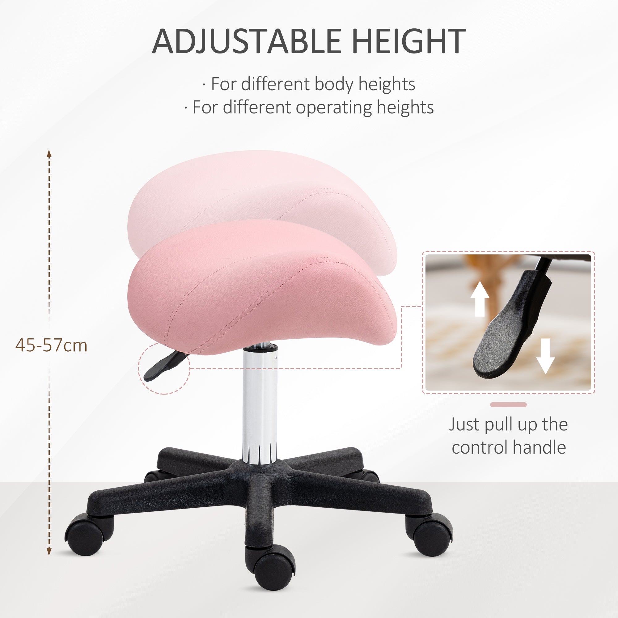 Adjustable PU Leather Saddle Stool with Steel Frame and Rolling Wheels for Salon, Spa, Tattoo - Pink