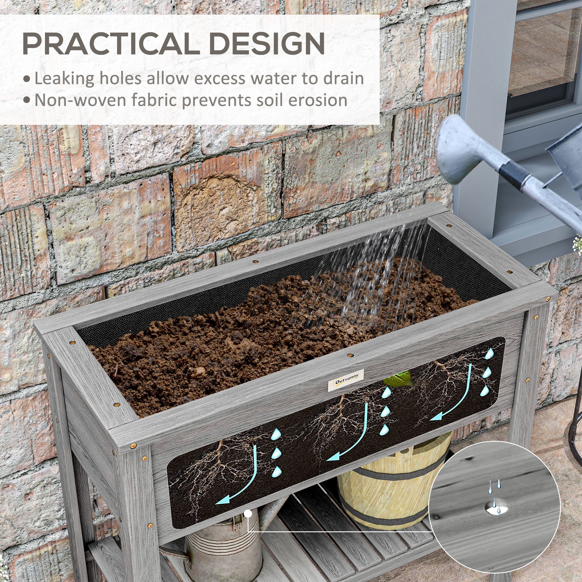 Wooden Raised Garden Bed, Elevated Planter Box with Storage Shelf and Drainage Holes, Raised Planter with Legs, Grey