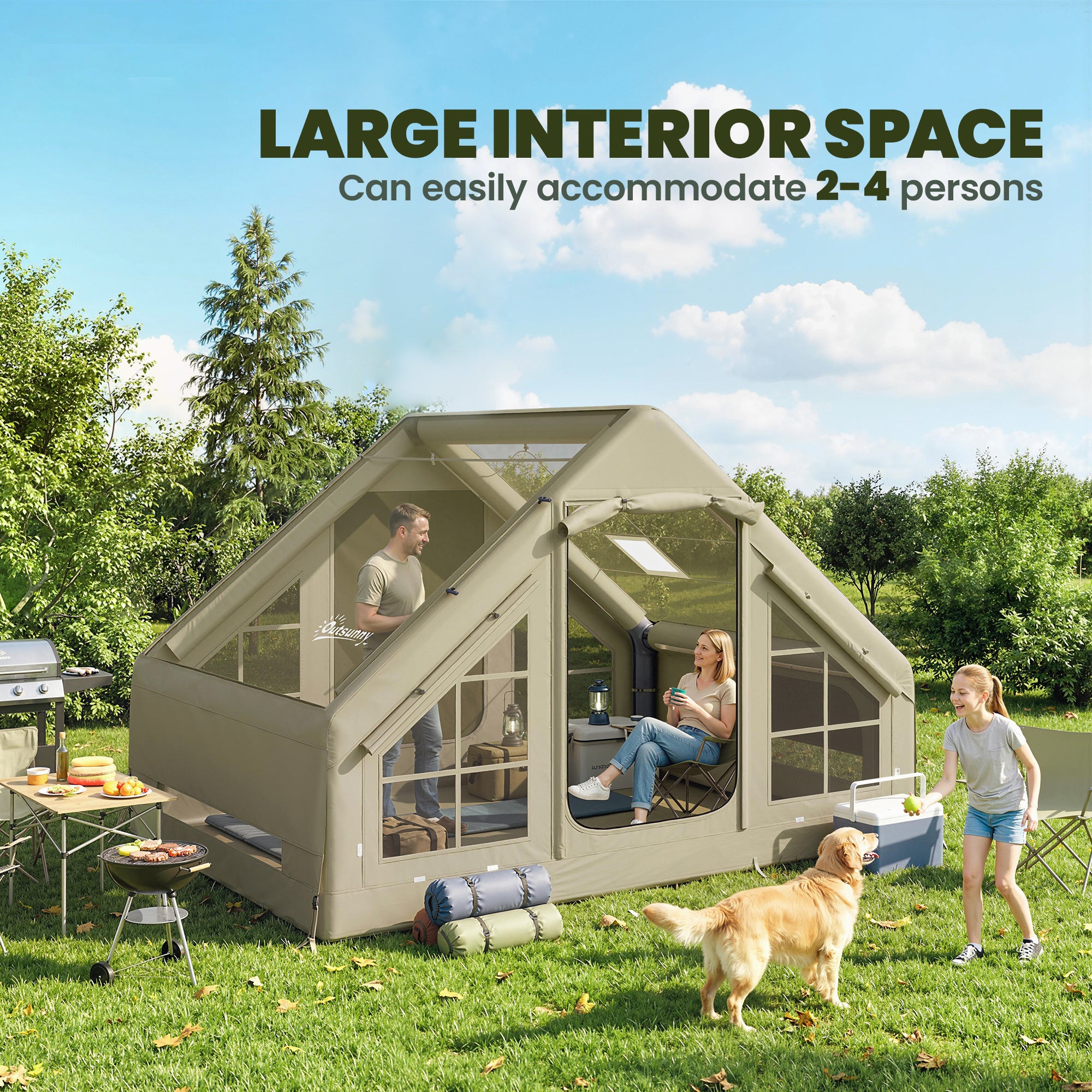Inflatable Camping Tent with Pump and Stove Jack Hole, Luxury Inflatable Tent with Mesh Windows, Doors, Olive Green