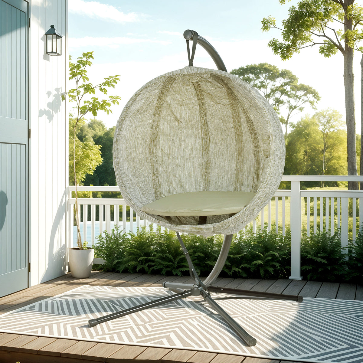 Hanging Egg Swing Chair with Stand and Thick Cushion - Khaki