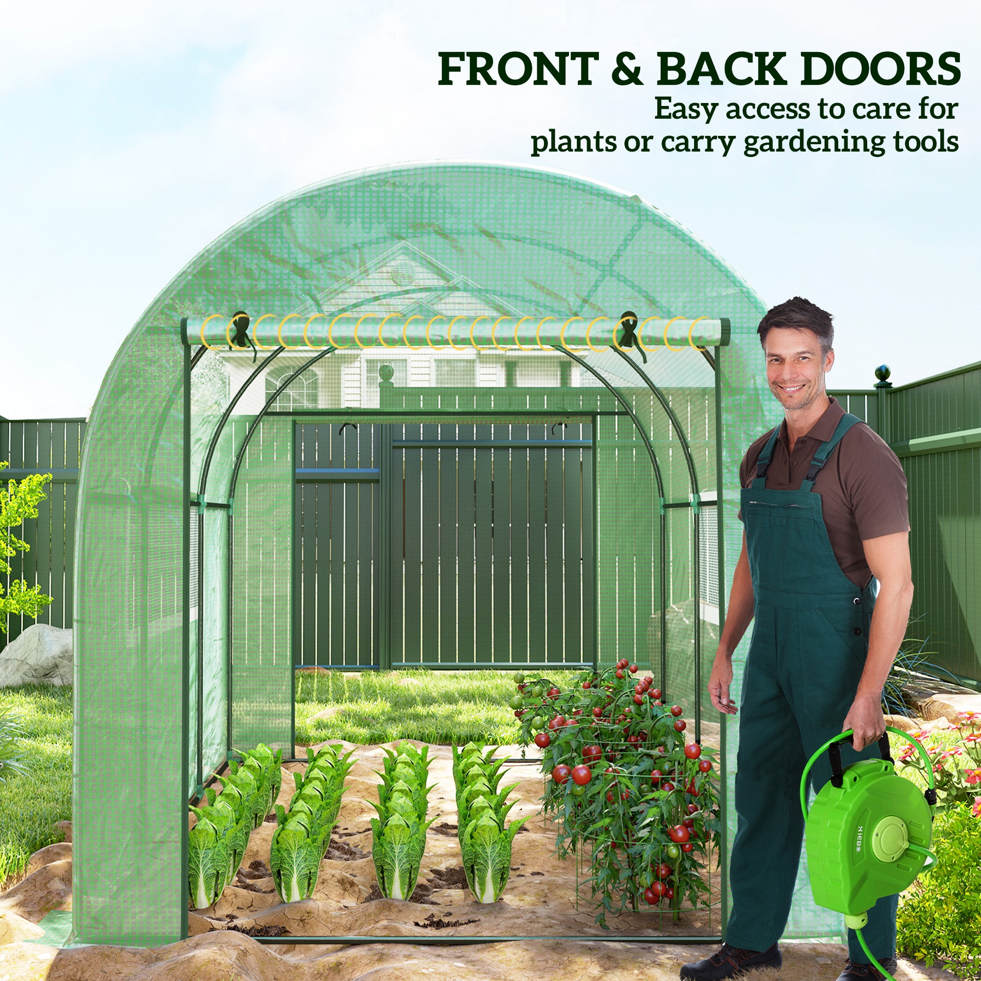 300 x 200cm Walk-In Polytunnel Greenhouse with Zipped Doors - Green