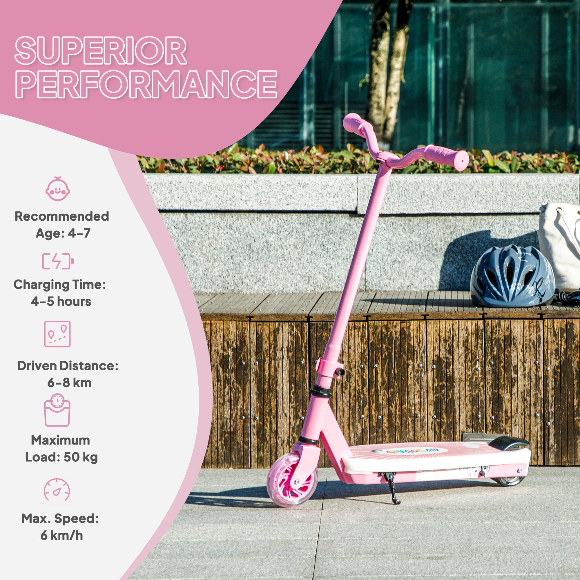 Electric Scooter for Kids Ages 4-7, with Auxiliary Rear Wheels, Flashing LED Light and Electric Brake, Kids Electric Scooter for Boys Girls, 6 KM/H & 8 KM, Pink