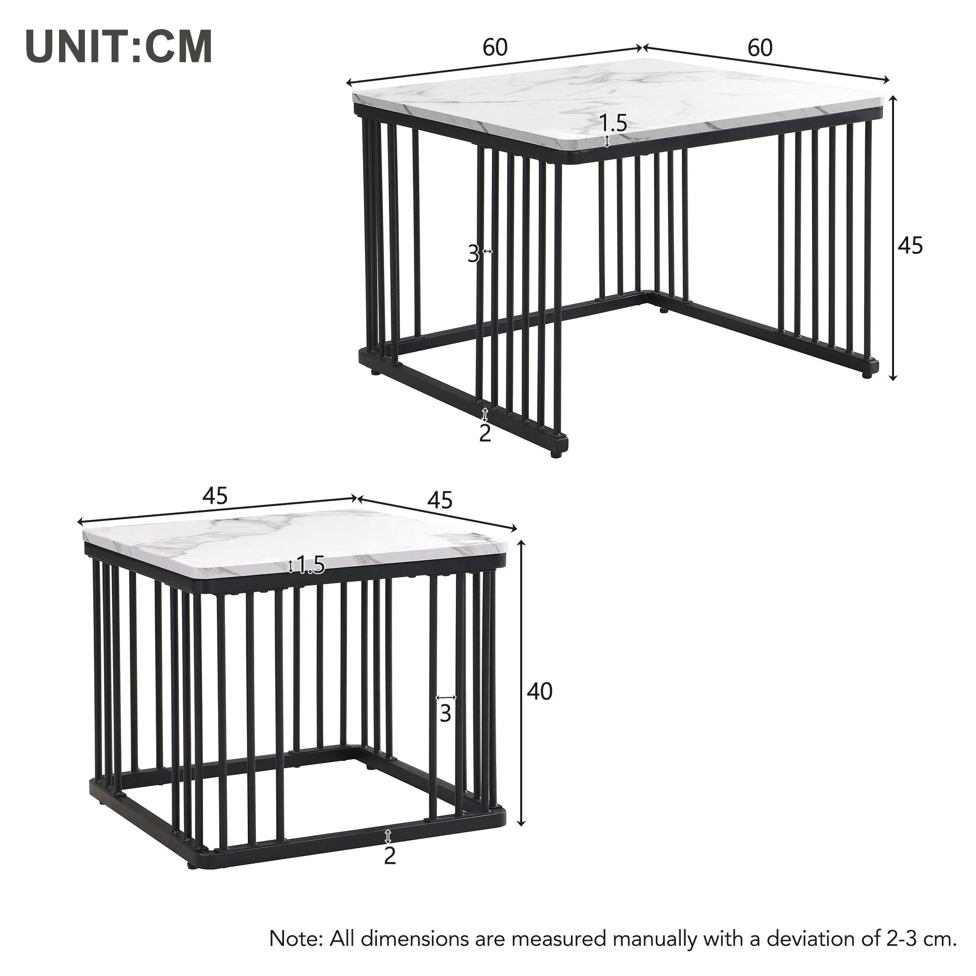 2 Piece High Gloss Nesting Coffee Table Set with Marble Pattern, Square Side Tables with Metal Frame, 60L x 60W x 45H cm, White+Black