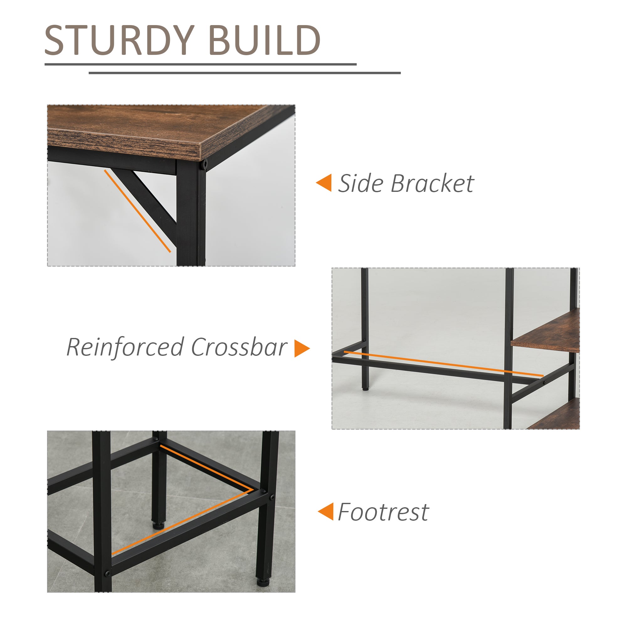 Industrial Bar Height Dining Table Set With 2 Stools & Side Shelf, 3 Pieces Coffee Table for Dining Room, Kitchen, Dinette