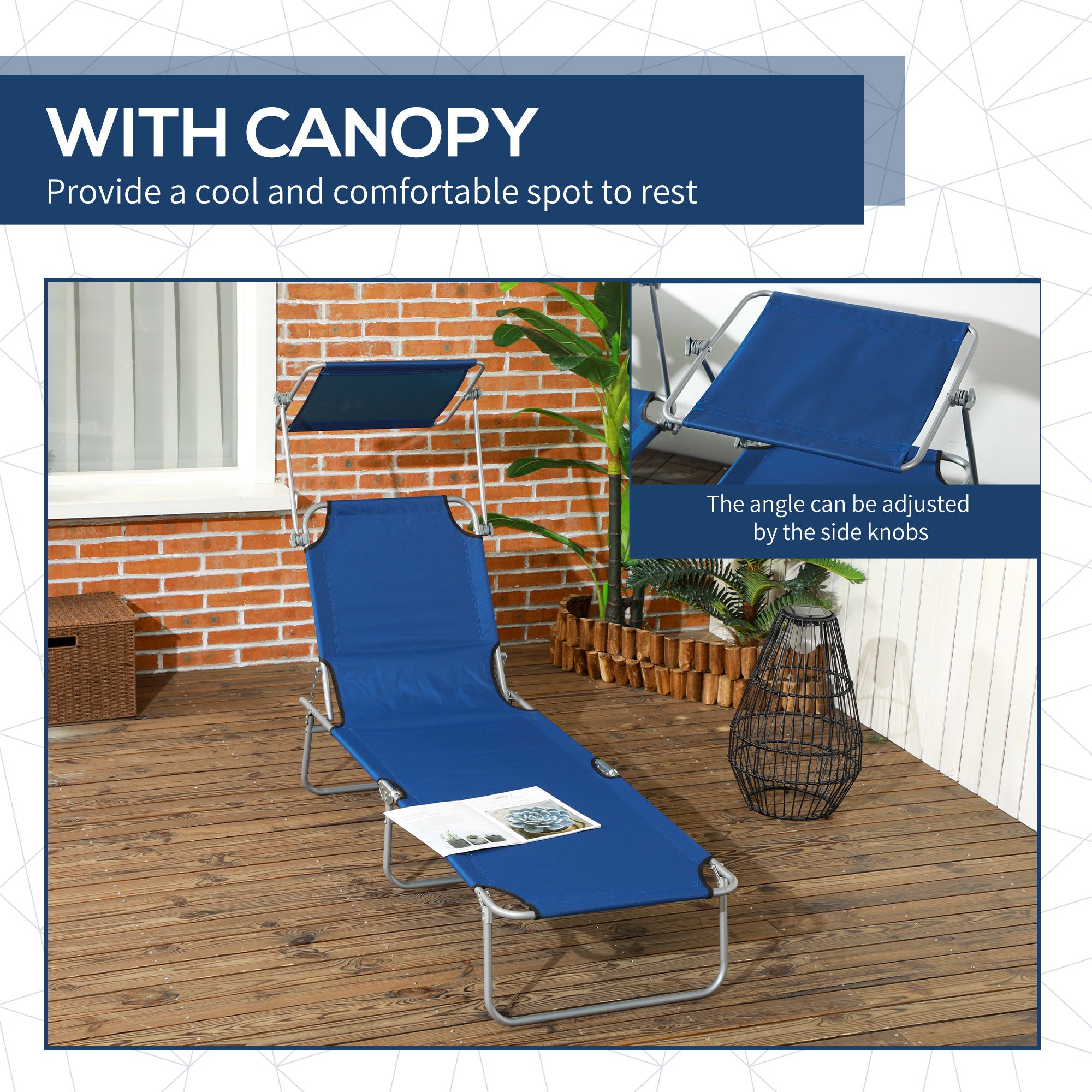 Outdoor Foldable Sun Lounger Set of 2, 4 Level Adjustable Backrest Reclining Sun Lounger Chair with Angle Adjust Sun Shade Awning for Beach, Garden, Patio, Blue